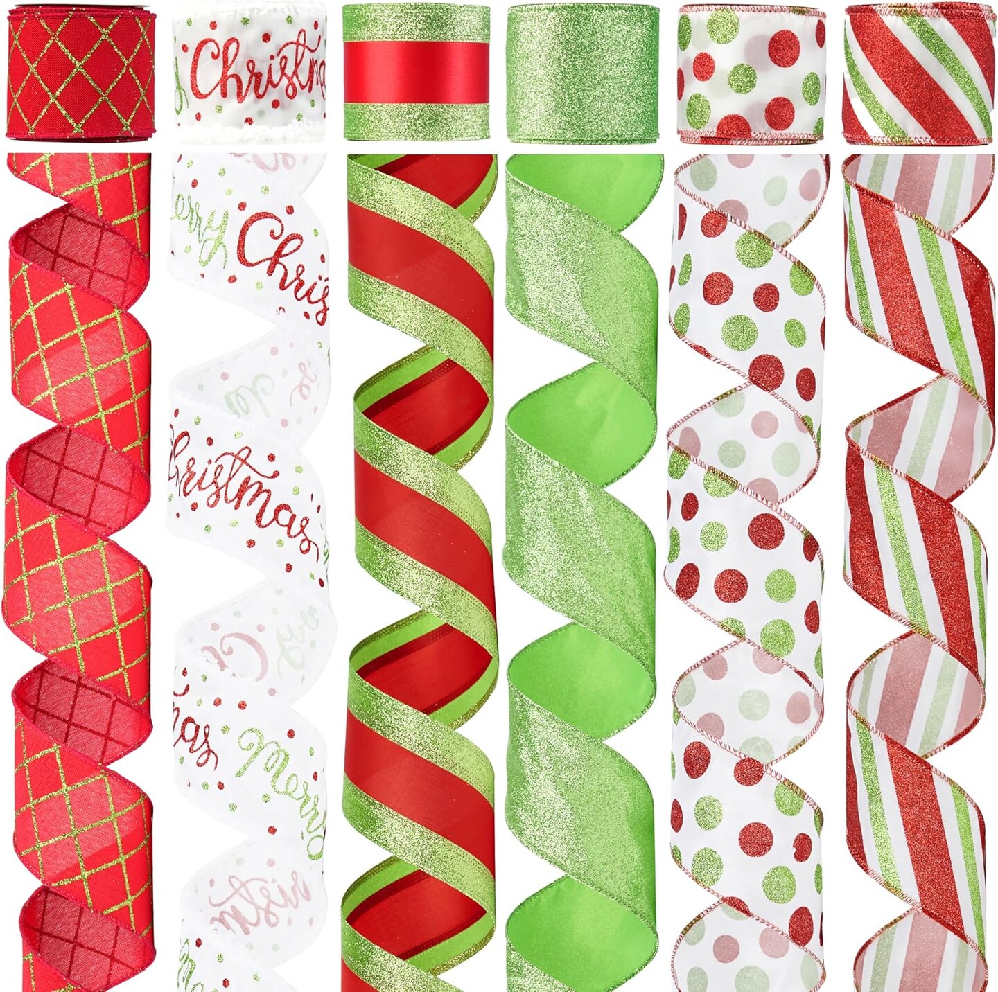 Red and Lime Green Christmas Ribbon Wired 2.5" Red Green Christmas Tree Ribbon Garland Red Green Wired Ribbon for Wreaths, Topper Bows, Gift Wrapping, Crafts (6 Rolls 36 Yards)
