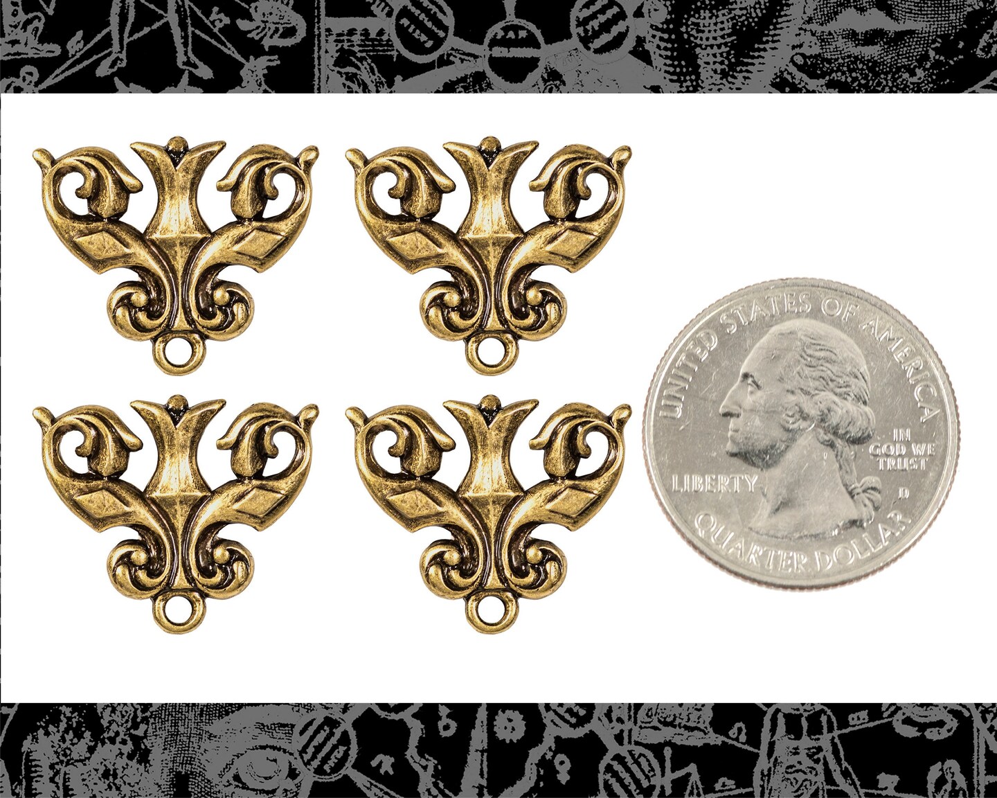 Antiqued Brass Victorian Swirled Three Ring Connectors - Set of Four - AB-3C38