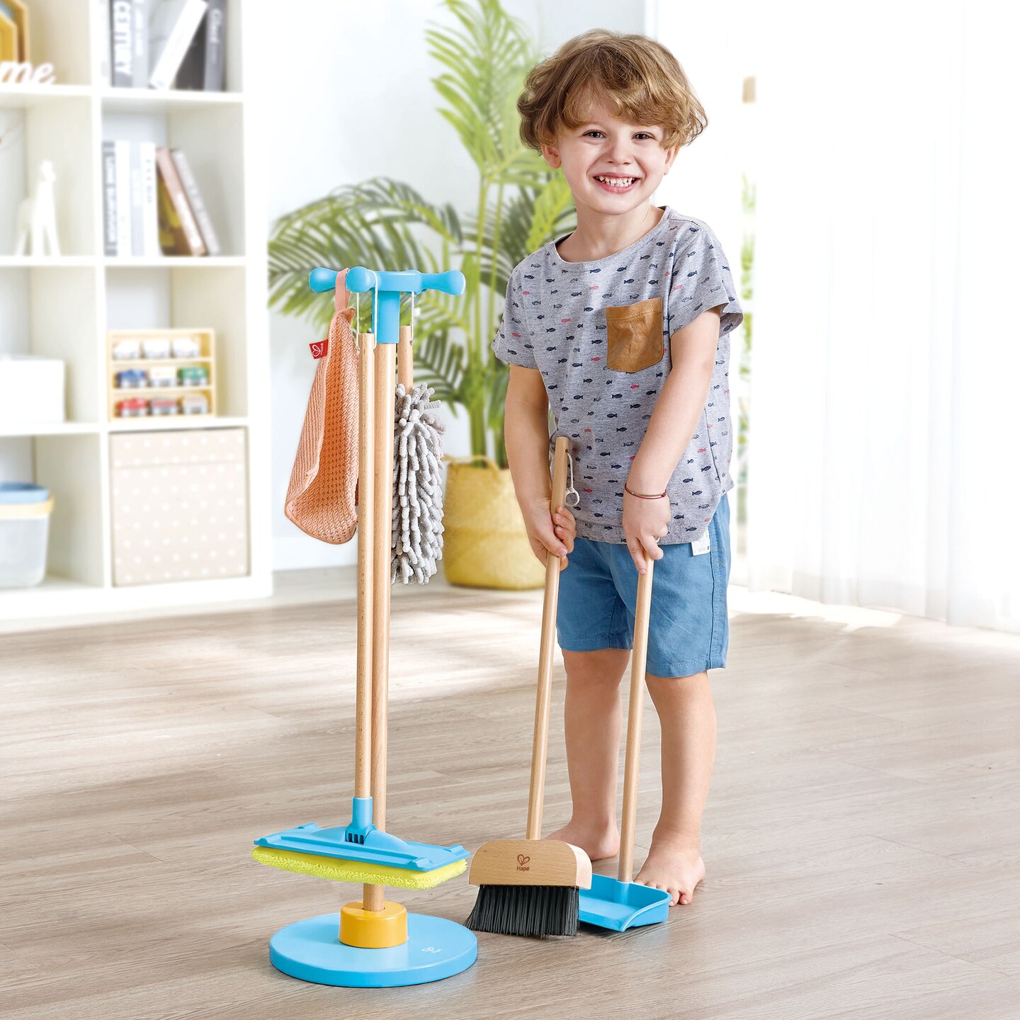 Hape: Clean Up Broom Set - 6pc, Yellow &#x26; Blue, Wooden Cleaning Toy Playset, Stand Holds Broom-Dustpan-Mop-Towel-Duster, Household Pretend Play, Kid 3+