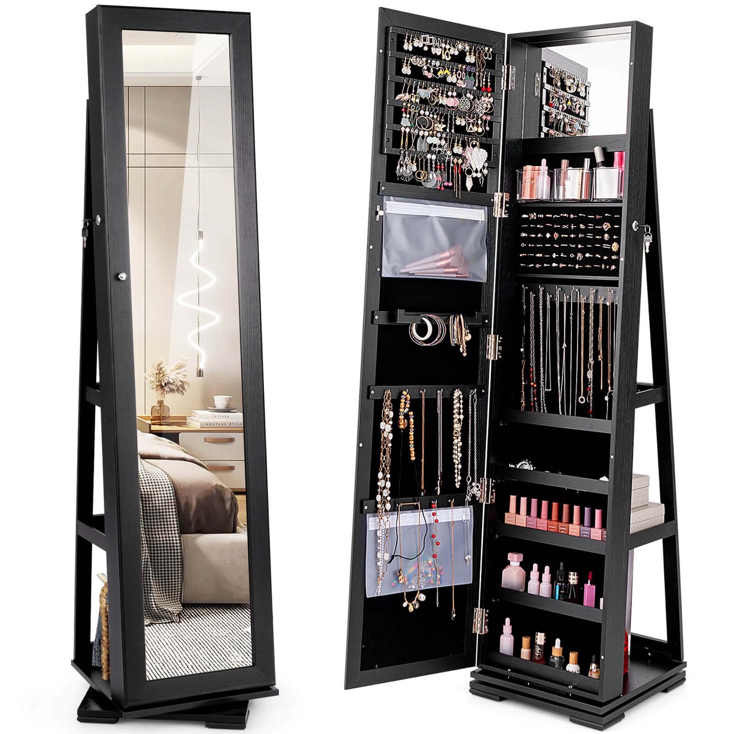 Costway 360degree Rotatable Jewelry Cabinet 2-in-1 Lockable Mirrored Organizer White/Black/Dark Brown/Gray/Blue/Pink/Purple/Dark Gray