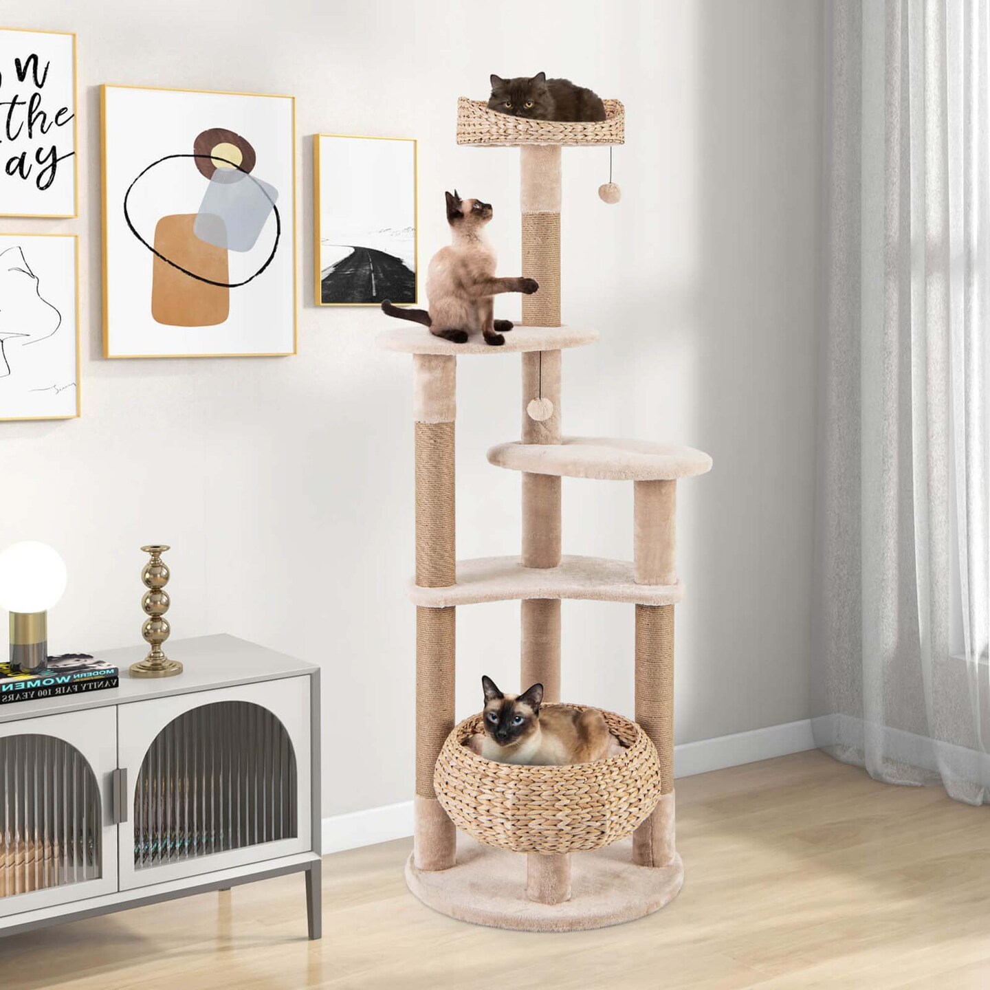 Costway 65" Cattail Cat Tower with Jute Scratching Posts Perch Basket Bed Dangling Balls