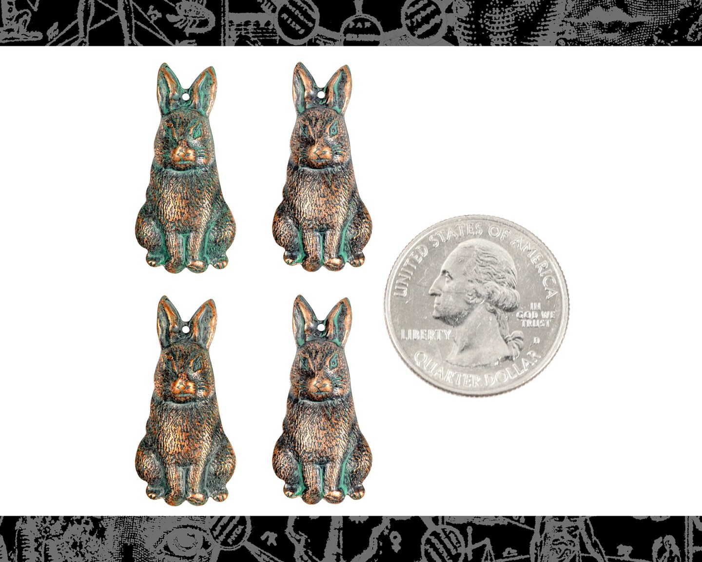 Verdigris Finished Brass Sitting Wild Rabbit Charms - Set of Four - V-C226