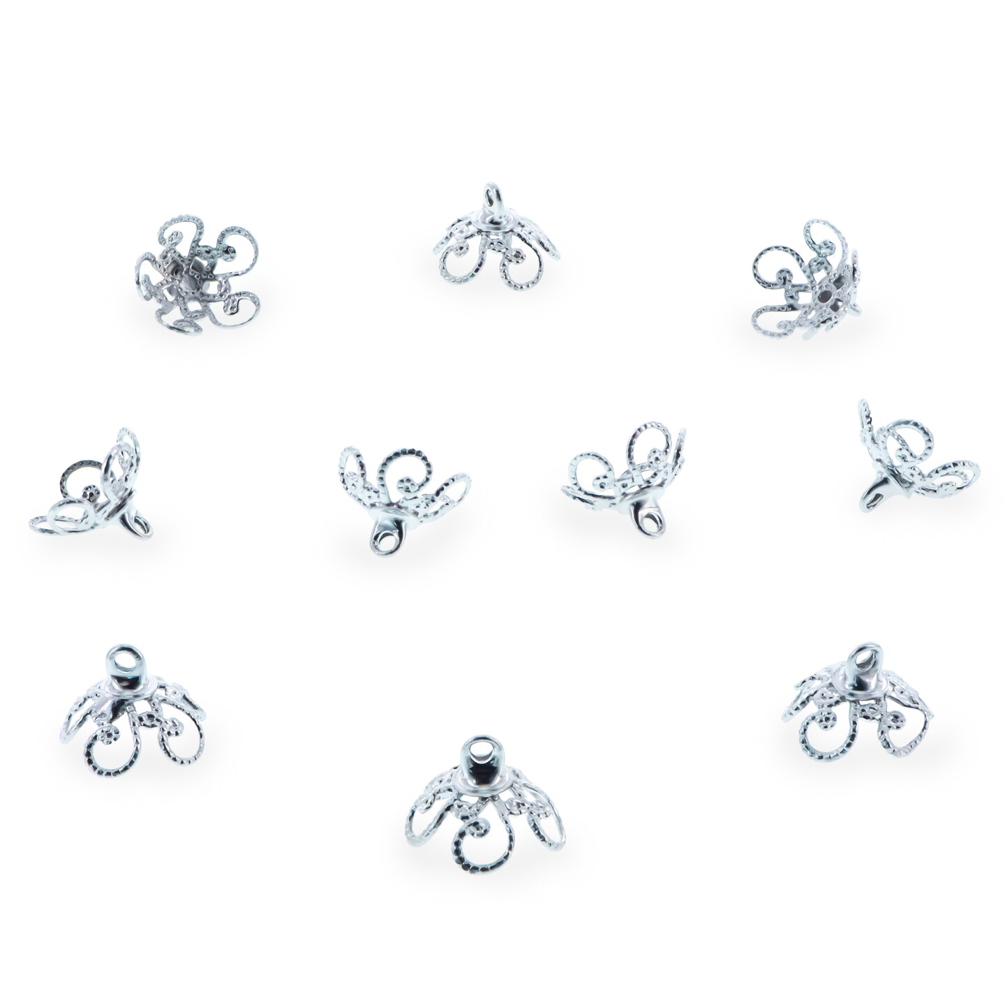 10 Ornate Scrollwork Filigree Silver Brass Metal Ornament Caps Ball or Egg Top Findings, End Caps 0.39 Inches (10 mm)
