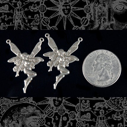 Antiqued Silver Plated Brass Fairy Pendants with Two Rings - Set of Two - S-P26