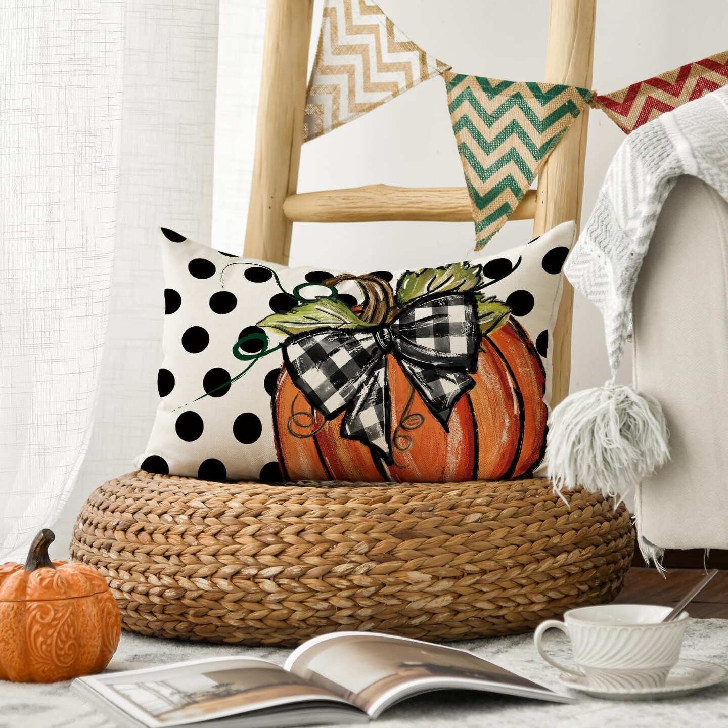 Fall Polka Dot Pumpkin Throw Pillow Cover 12x20 Inch, Seasonal Autumn Thanksgiving Harvest Decoration for Home Sofa Couch
