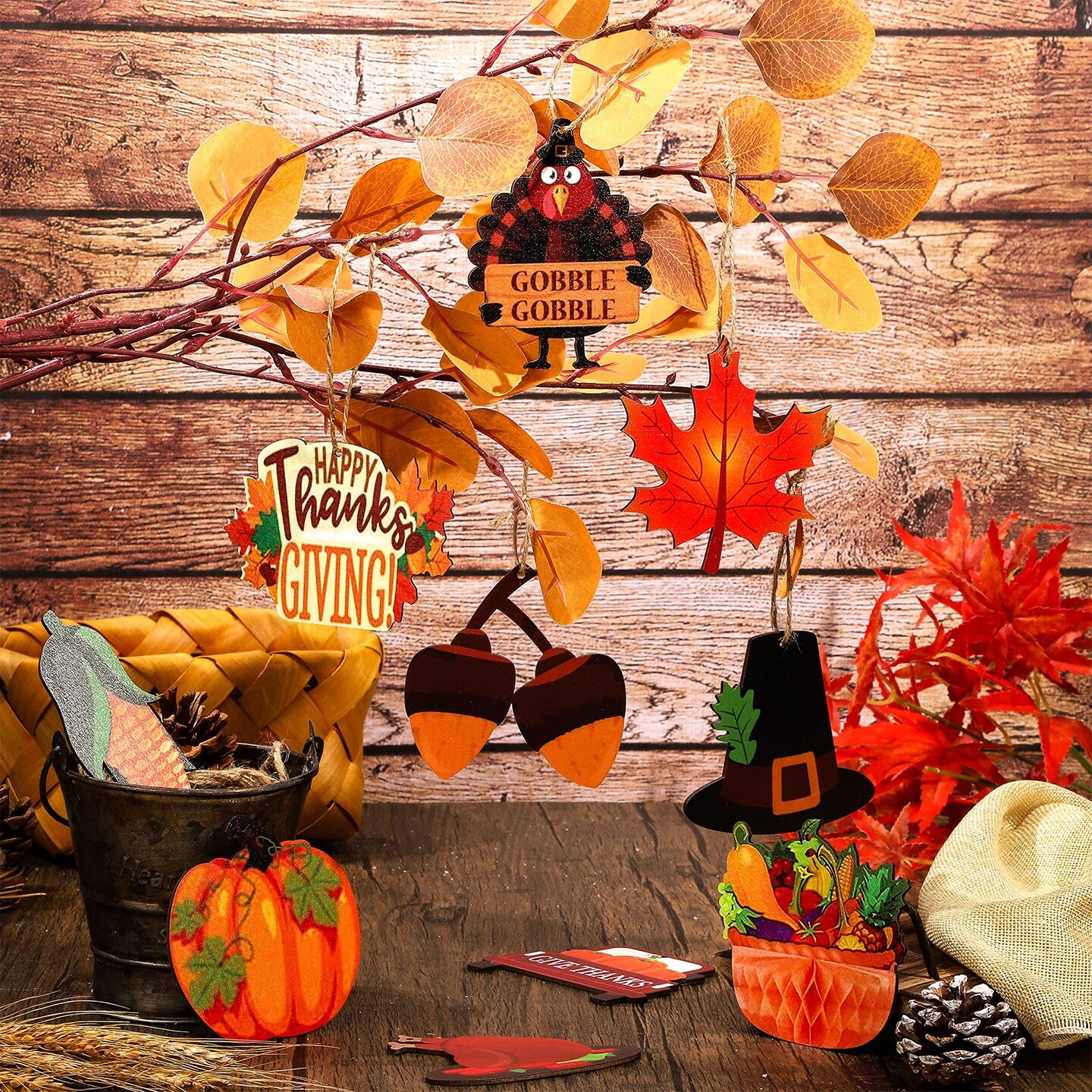 30 Pieces Fall Thanksgiving Wooden Ornaments Thanksgiving Pumpkin Cutouts Fall Mix Colorful Cutouts Turkey Maple Leaves Acorn Wooden Ornament Fall Hanging Ceiling