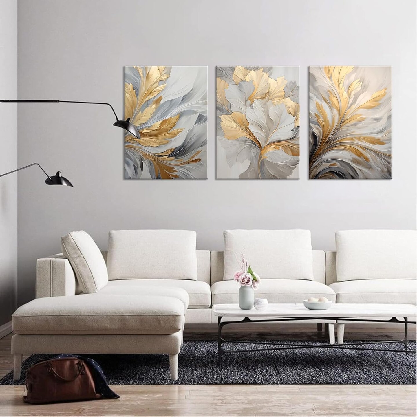 3Pcs Modern Abstract Golden White Leaves Canvas Wall Art (16x24in)