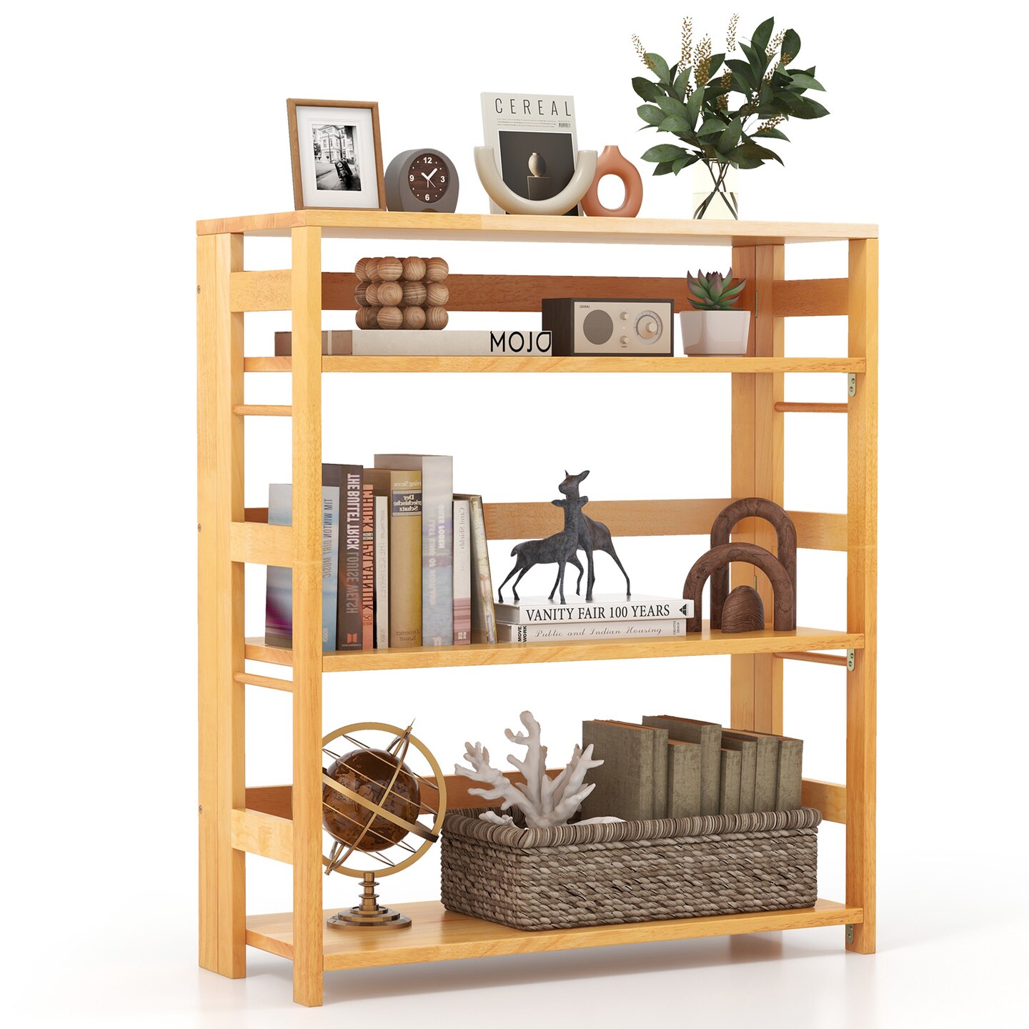4-Tier Bookshelf Rubber Wood Bookcase with Side Fences for Living Room