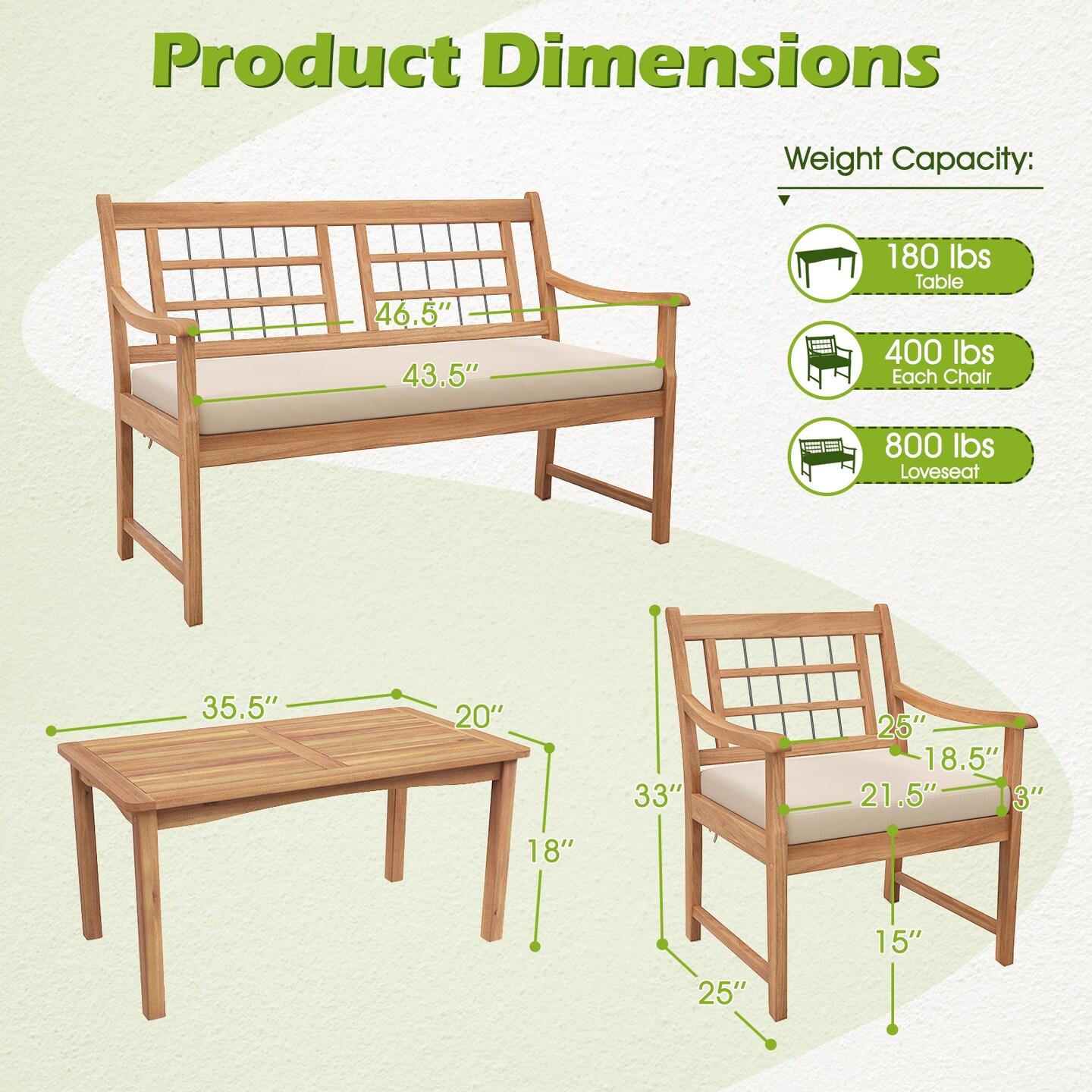 4 Piece Wood Patio Furniture with Armchairs Loveseat and Coffee Table