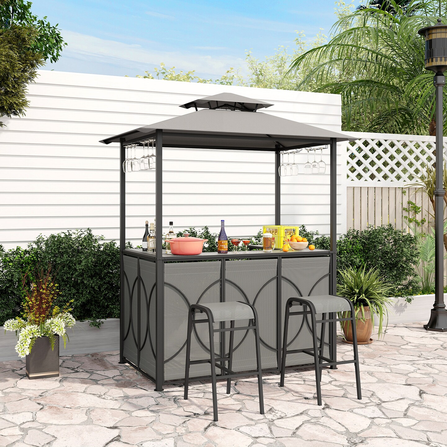 3-Piece Patio Bar Set Grill Gazebo & 2 Bar Stools with Tempered Glass Bar Table