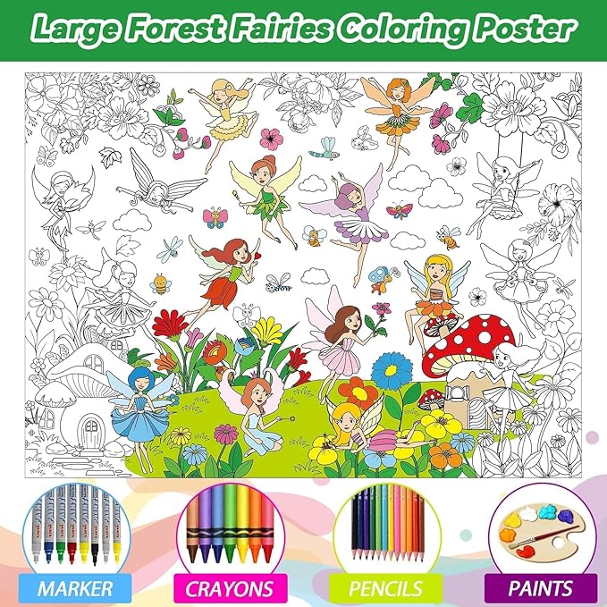 Poster for Kids Giant Coloring Poster Large Fairy Party Flower Coloring Tablecloth Jumbo Coloring Books for Kids Classroom Home Birthday Party Supplies Favor