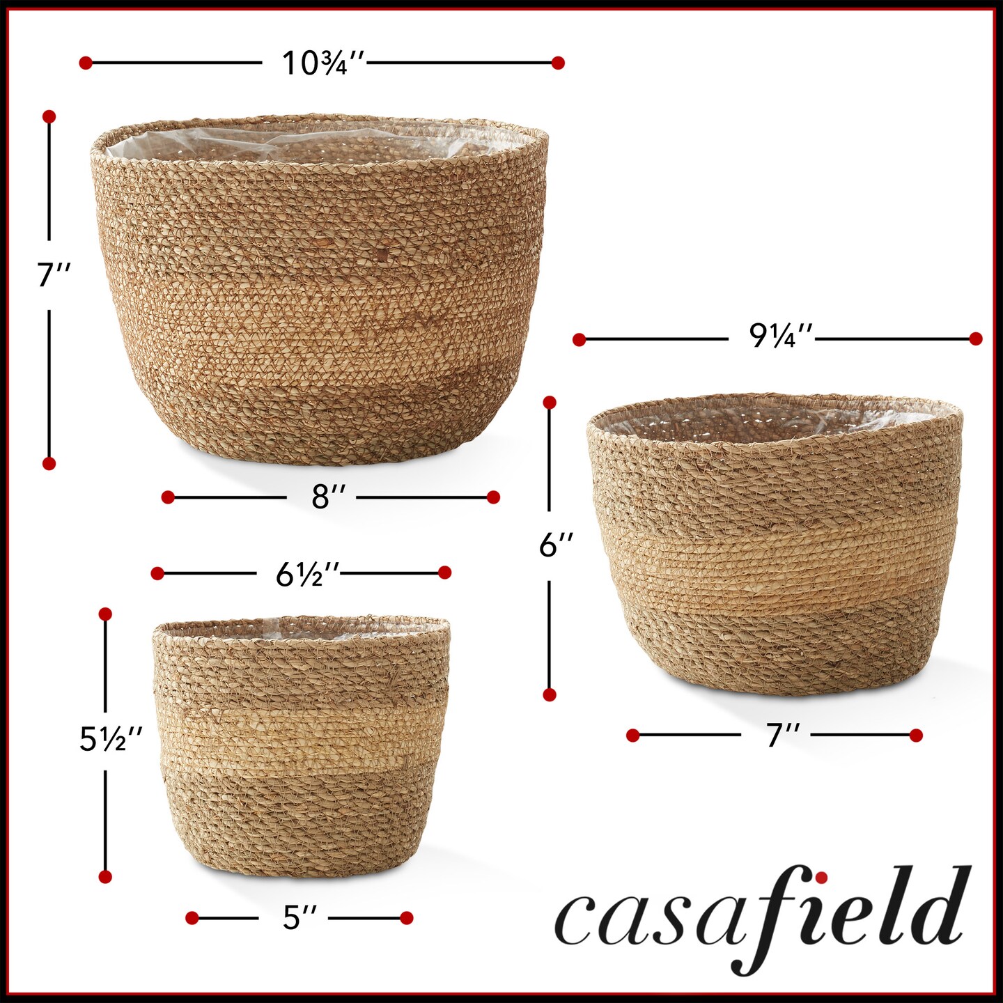 Casafield Set of 3 Seagrass Planter Baskets with Liners, Hand Woven Indoor Flower Pot Covers for Plants, Succulents, Home Decor