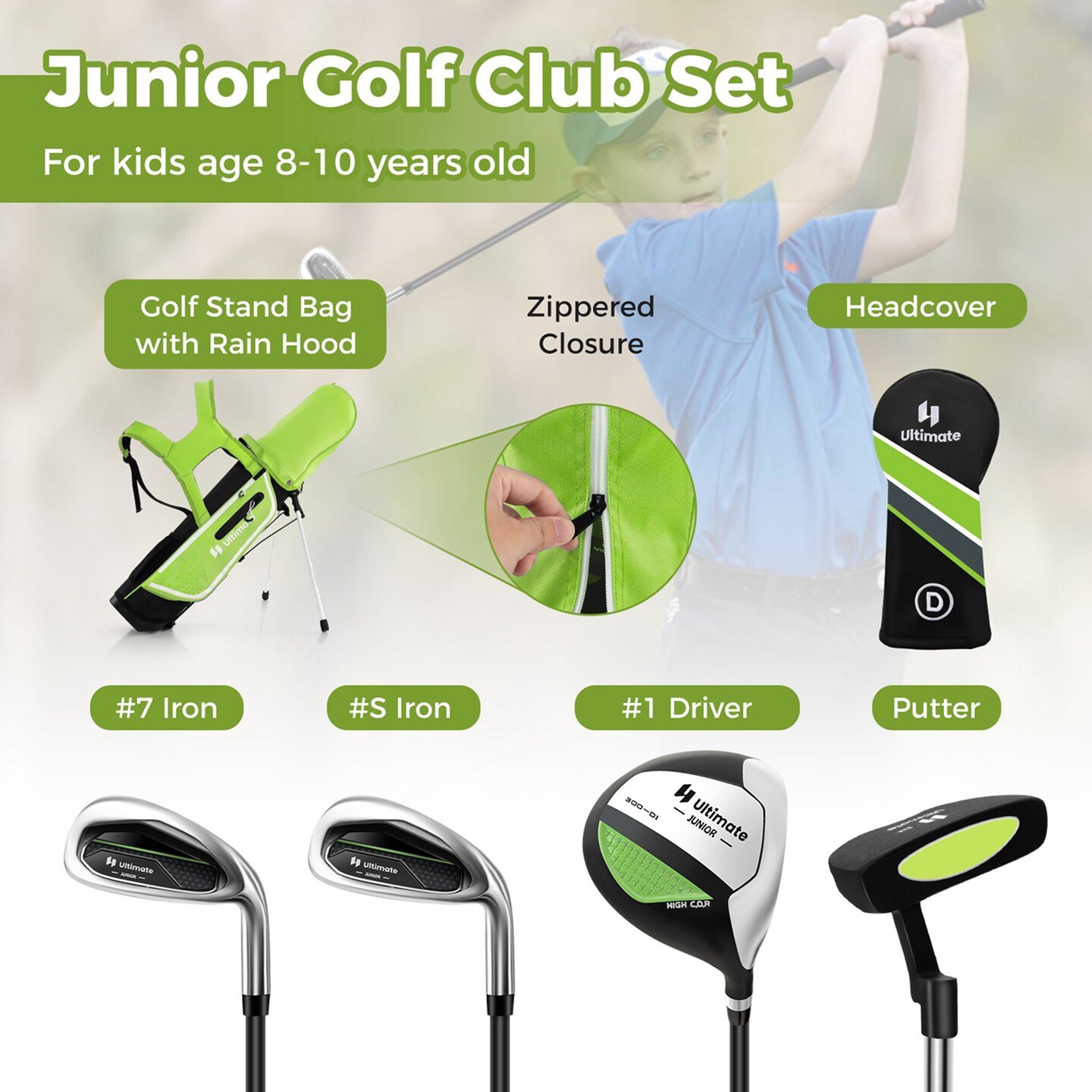 Costway Ultimate Kids Golf Practice Set Junior Complete Golf Club Set for Kids Age 8-10 Years Old Green/Blue/Pink