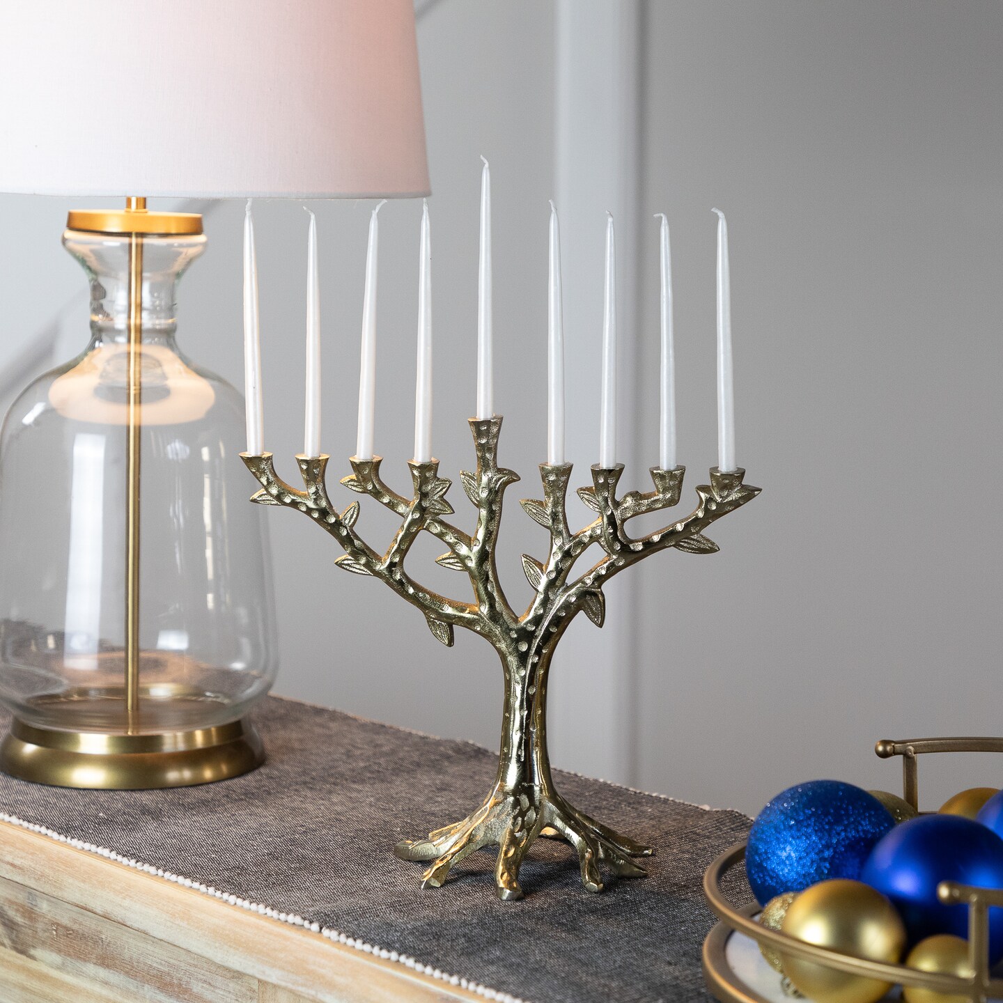 Northlight Tree Trunk-Shaped Brass Hanukkah Menorah - 11.5" - Gold Finish