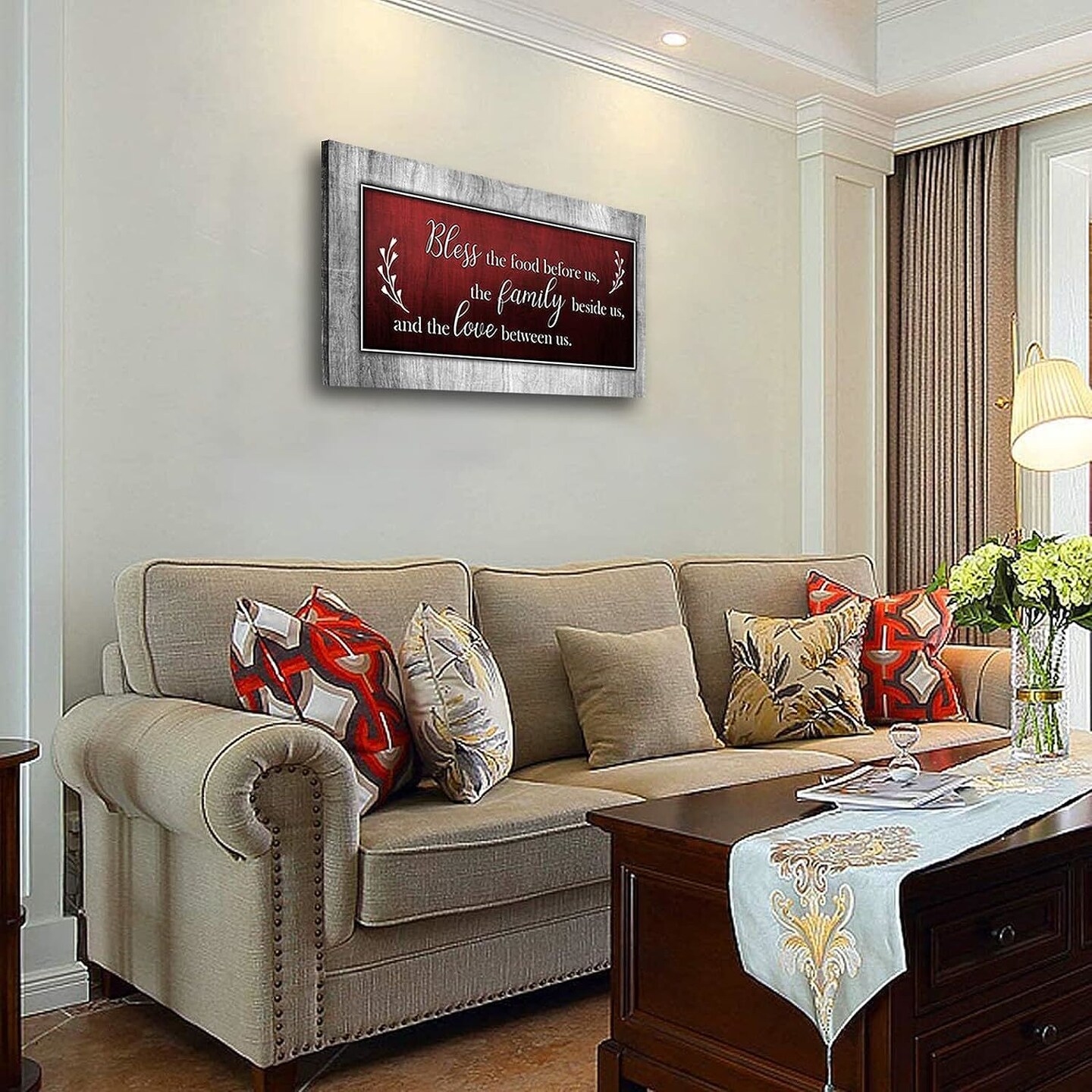 Motivational Quotes Christian Wall Art Red and Grey Canvas Prints Bless The Food Quote Wall Pictures Framed Artwork for Home Living Room Dining Room Kitchen Decor