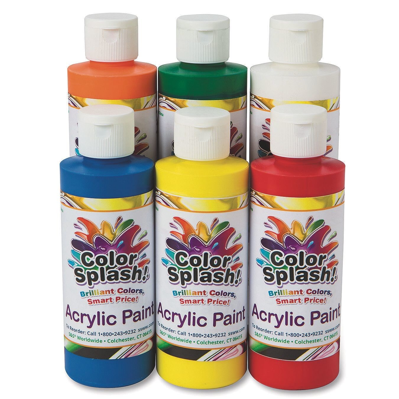 S&S Worldwide Color Splash! Acrylic Paint, 6 Bright Colors, 8-oz Flip-Top Squeeze Bottles, Great for Arts & Crafts, Wood, Paper Mache, Bisque, Metal, Canvas, For Kids & Adults, Non-Toxic, Set of 6.
