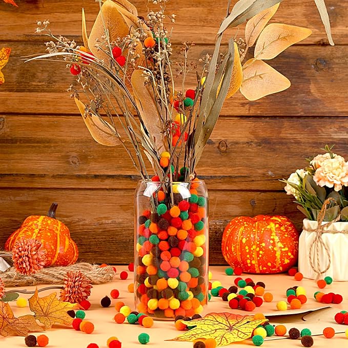 Fall Pom Pom Balls, 1,000 Pieces Orange Brown Pom Poms for Crafts Making DIY Autumn Thanksgiving Party Decorations Supplies (6 Colours, 1 cm)
