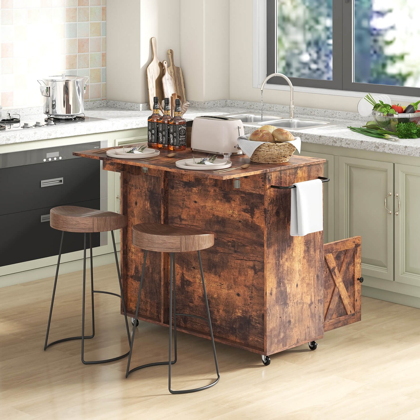 Costway Rolling Kitchen Island Cart with Drop Leaf Wine Rack Stemware Holder Rustic Brown