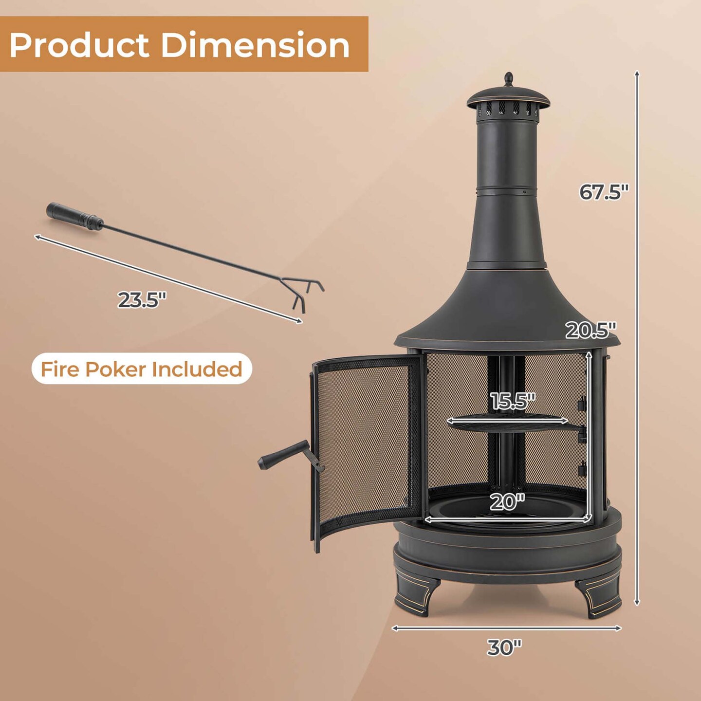 Costway 30 Inch Outdoor Fire Pit Chiminea 2 in 1 Wood Burning Metal Fireplace  with Grill