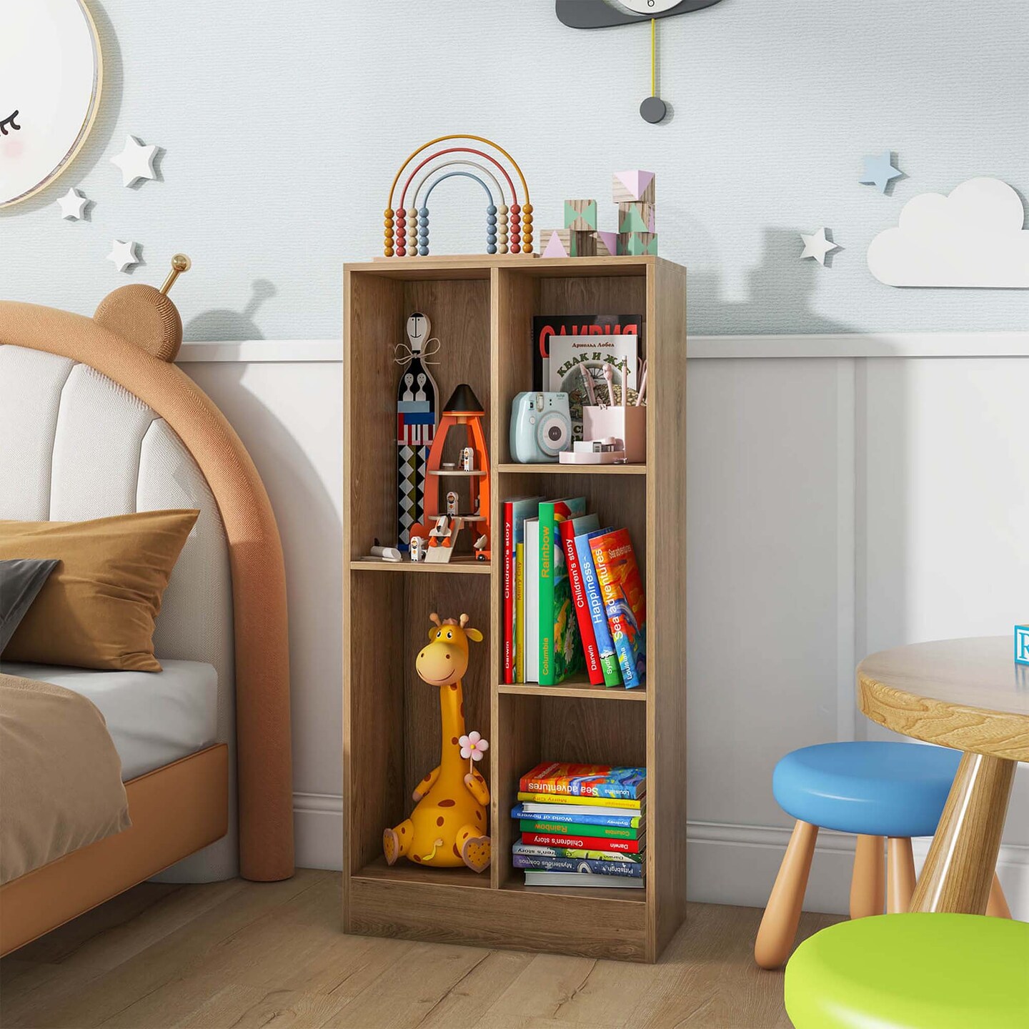 Costway 5-Cube Bookcase for Kids 41&#x22; Wooden Toy Storage Organizer for Kid&#x27;s Room White/Natural
