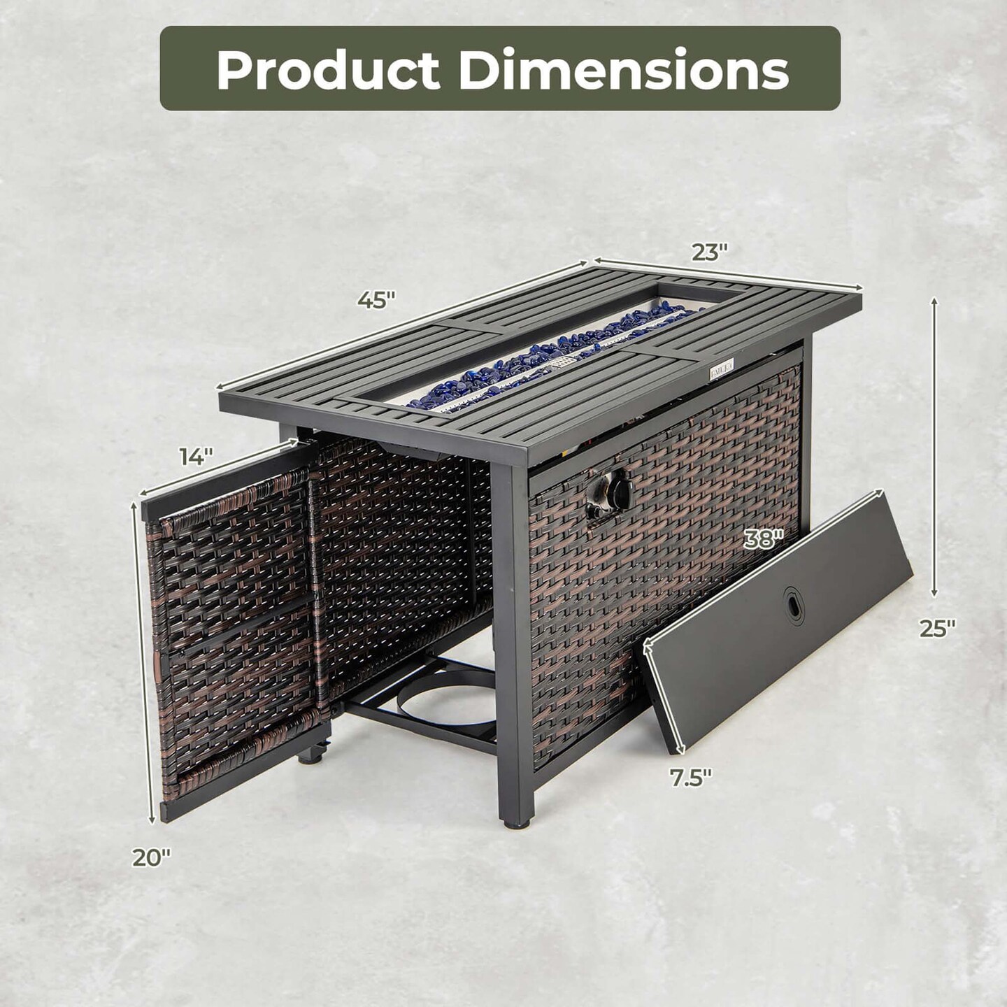 Costway 45" Propane Rattan Firepit Table with Glass Stones & Protective Cover Metal Frame