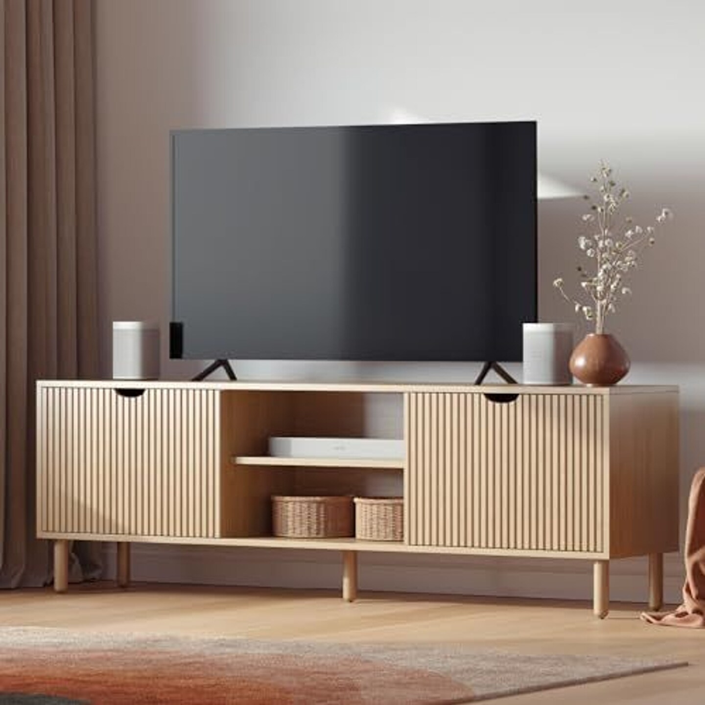 Contemporary Fluted TV Stand - Media Console - 70 Inch Entertainment Center with Storage - Console Table for Living Room and Bedrooms - Supports 32 to 80&#x22; TVs - Soft-Close Cabinet Doors (Light Oak)