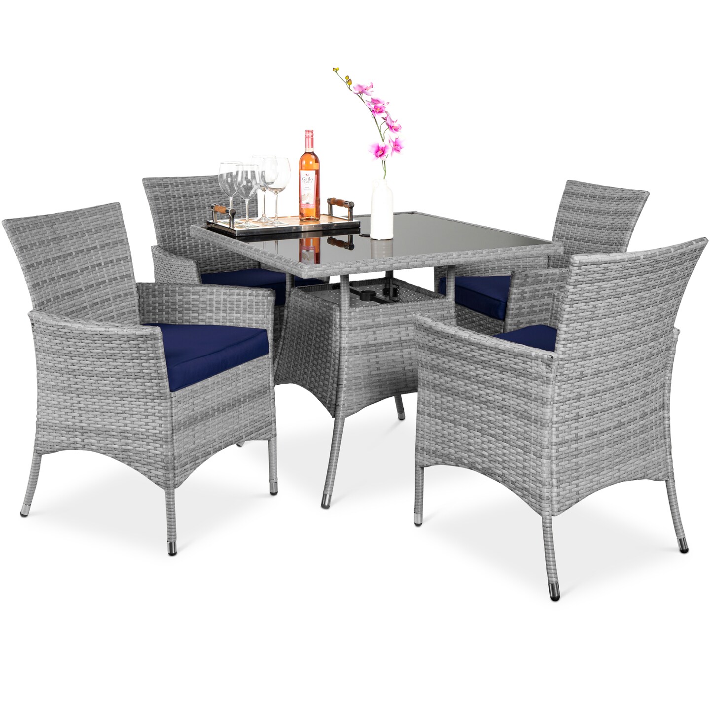 Best Choice Products 5-Piece Indoor Outdoor Wicker Patio Dining Table Furniture Set w/ Umbrella Cutout, 4 Chairs