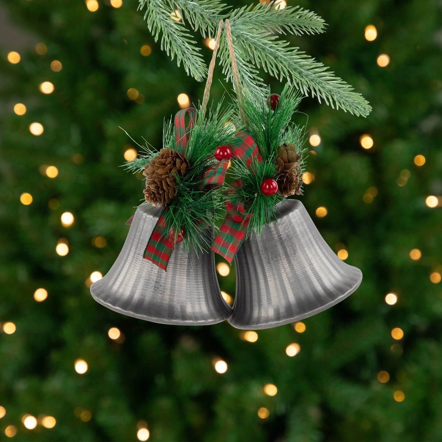 Northlight Bells with Pine Sprigs and Plaid Bow Christmas Ornaments - 7&#x22; - Silver - Set of 2