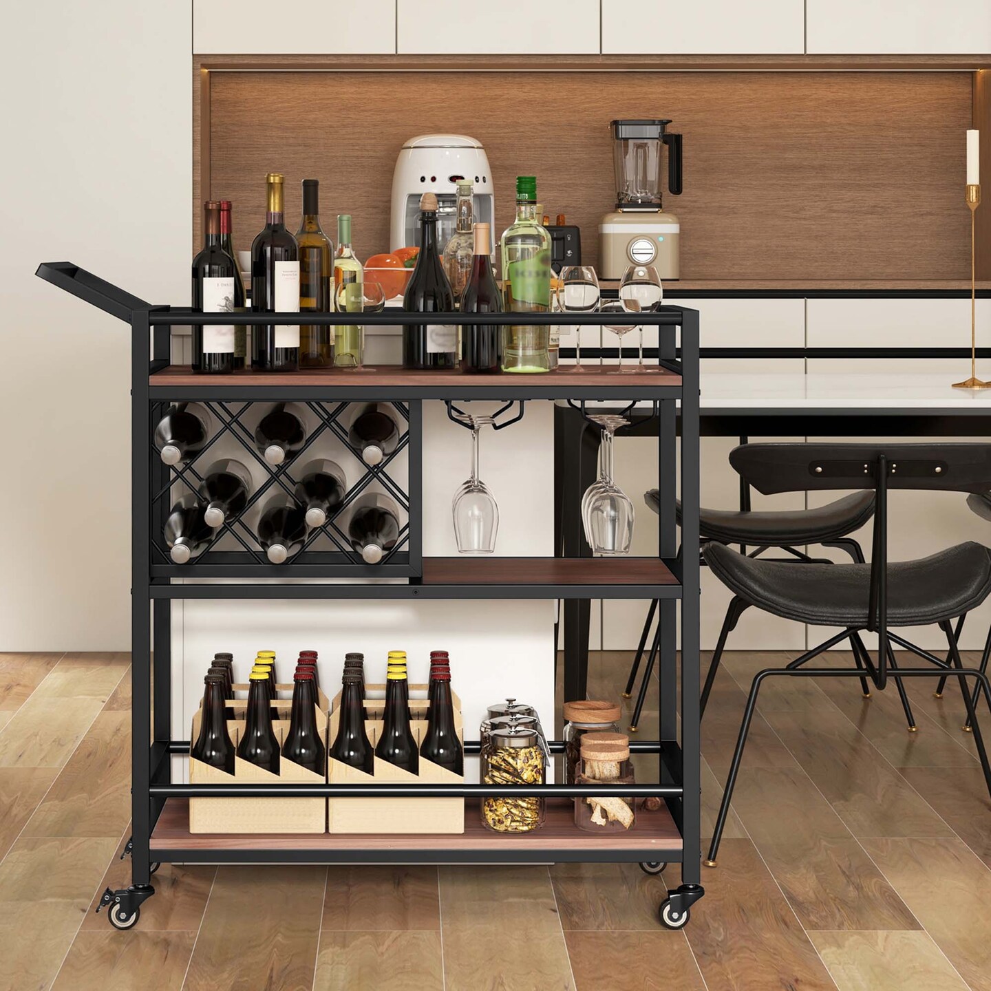 Costway 3-tier Bar Cart on Wheels Home Kitchen Serving Cart with Wine Rack & Glass Holder Rustic Brown/Brown