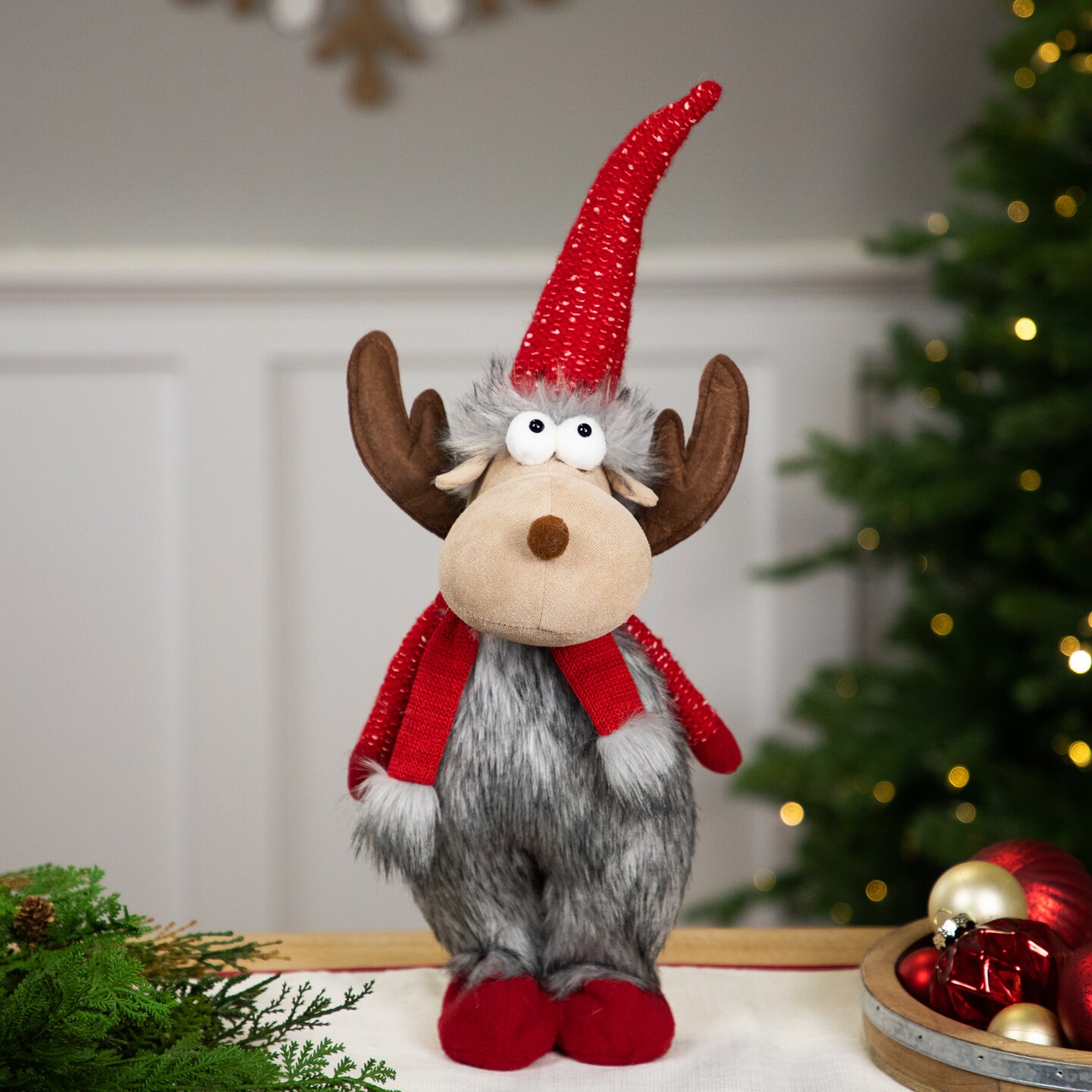 Northlight Standing Plush Moose Christmas Figure - 20" - Gray and Red