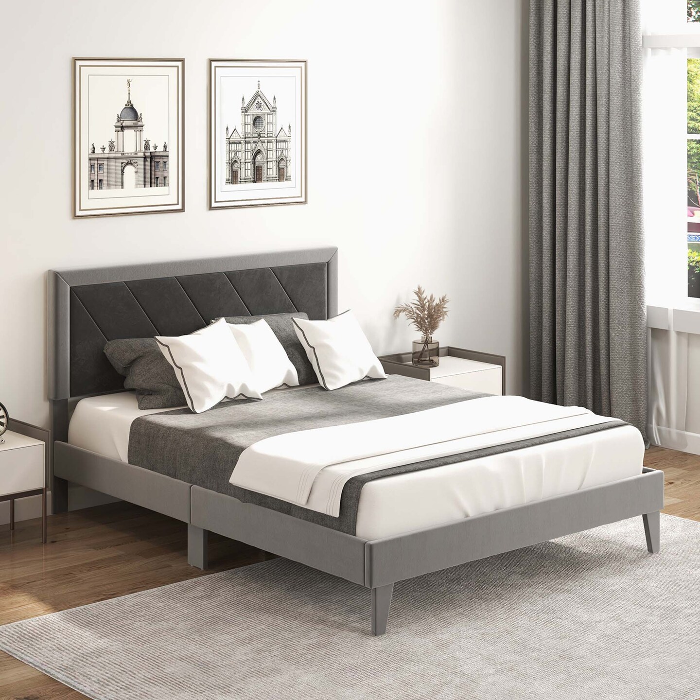 Costway Full/Queen/Twin Size Bed Frame Upholstered Platform Velvet Headboard Wooden Slats Gray