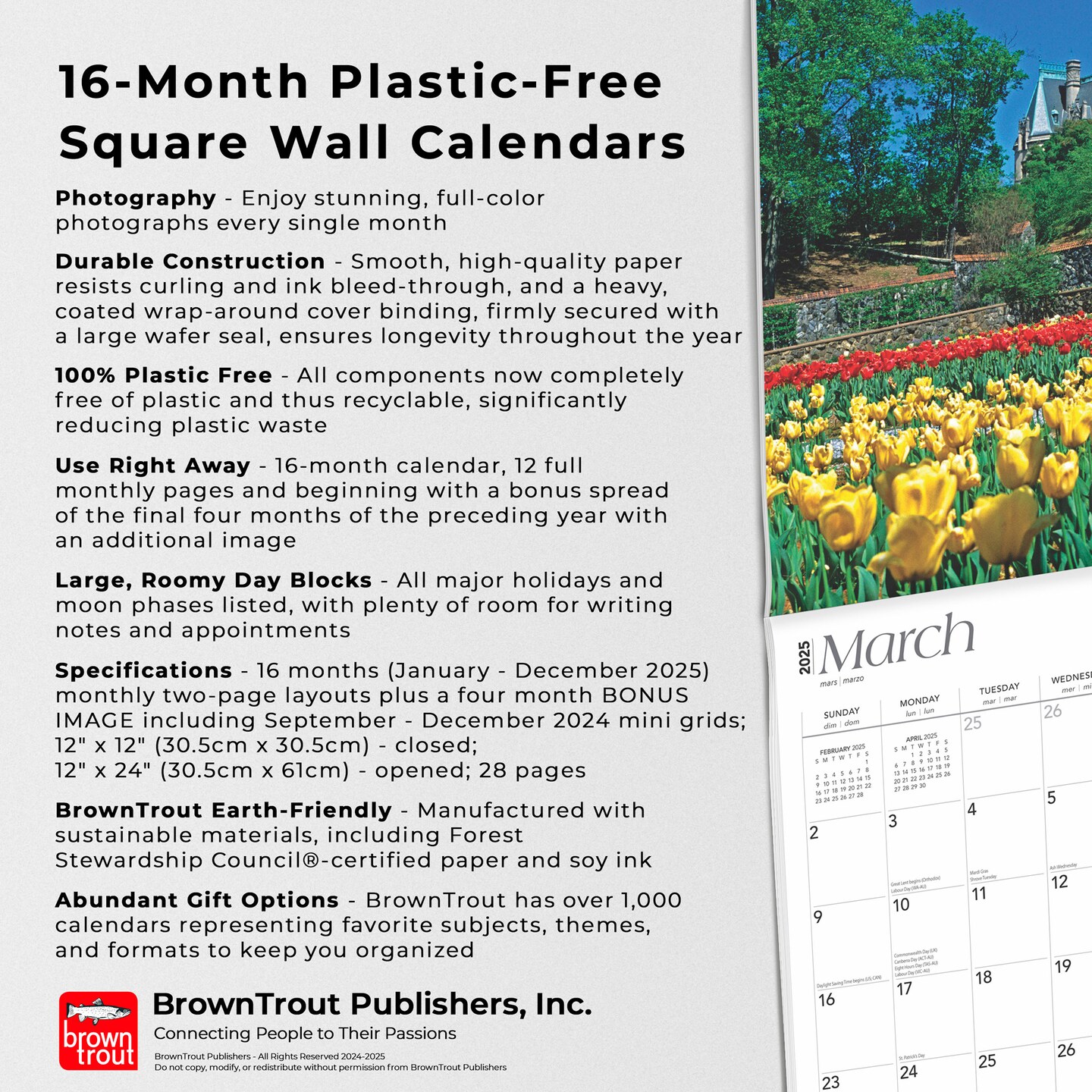 Tar Heel State | North Carolina Places | 2025 12 x 24 Inch Monthly Square Wall Calendar | Plastic-Free | BrownTrout | USA United States of America Southeast State Nature