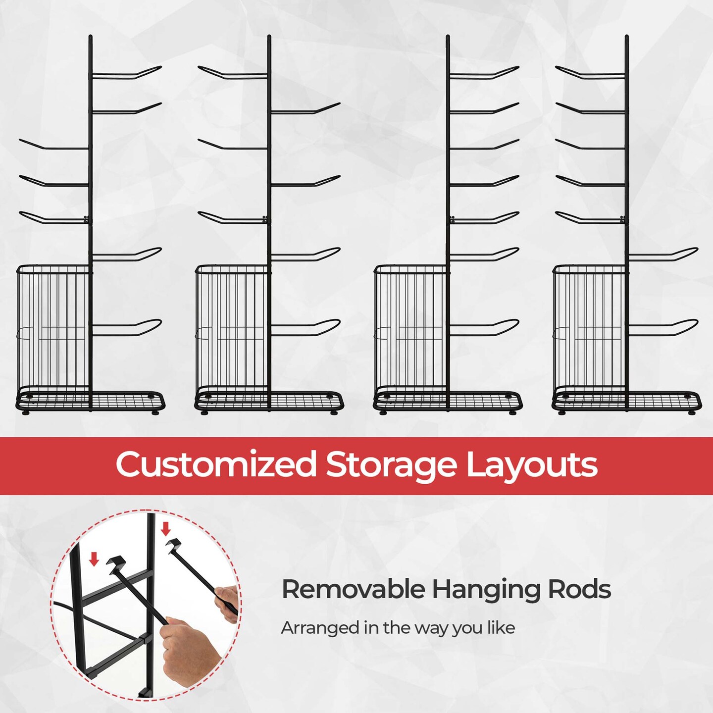 Costway 7-Tier Ball Storage Rack with 7 Removable Hanging Rods &#x26; Side Ball Basket Black