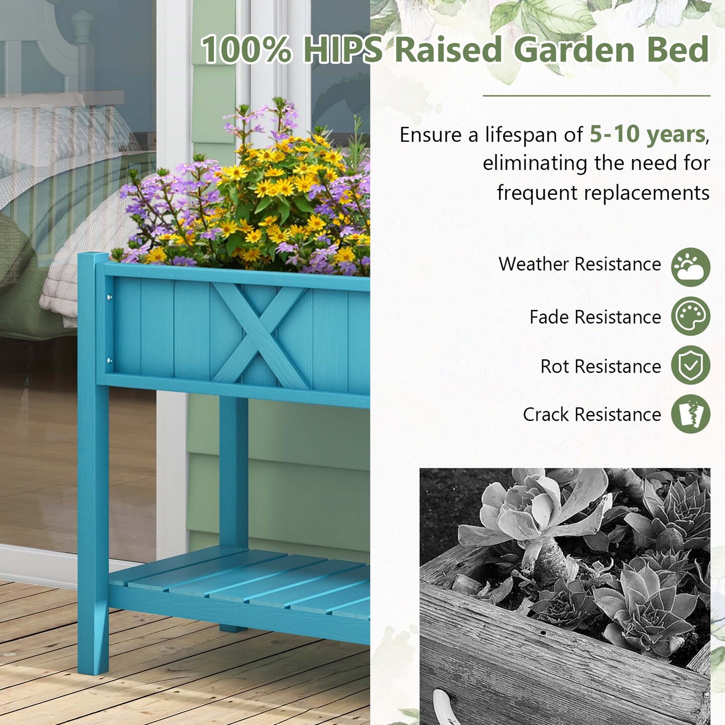 Costway HIPS Raised Garden Bed Poly Wood Elevated Planter Box with Legs, Storage Shelf Blue/Coffee/Black