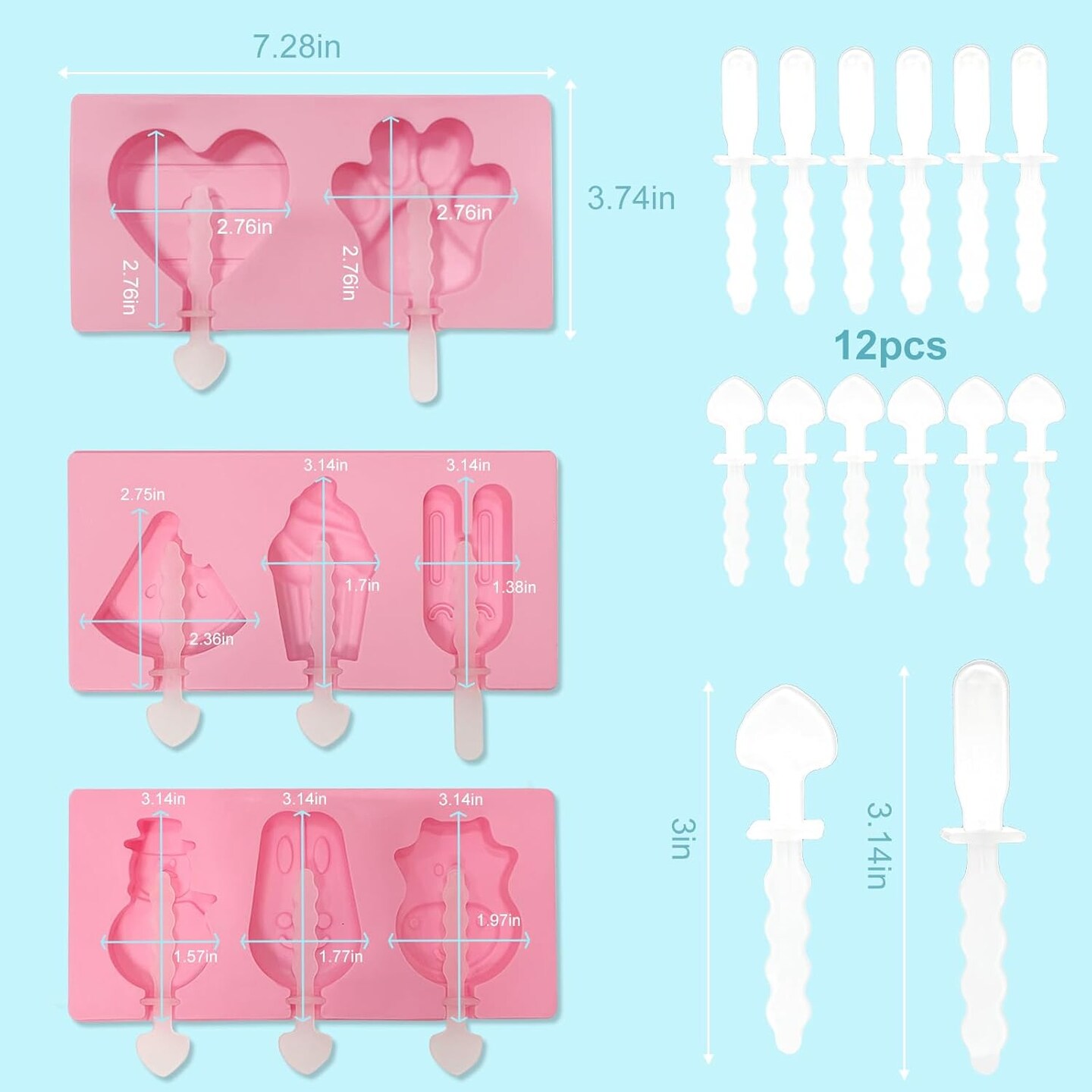 3 Pack Popsicle Molds, Silicone Popsicle Molds for Kids, Ice Pop Mold with Lids, 12 Reusable Sticks for Homemade Ice Cream Popsicle Pops Cartoon