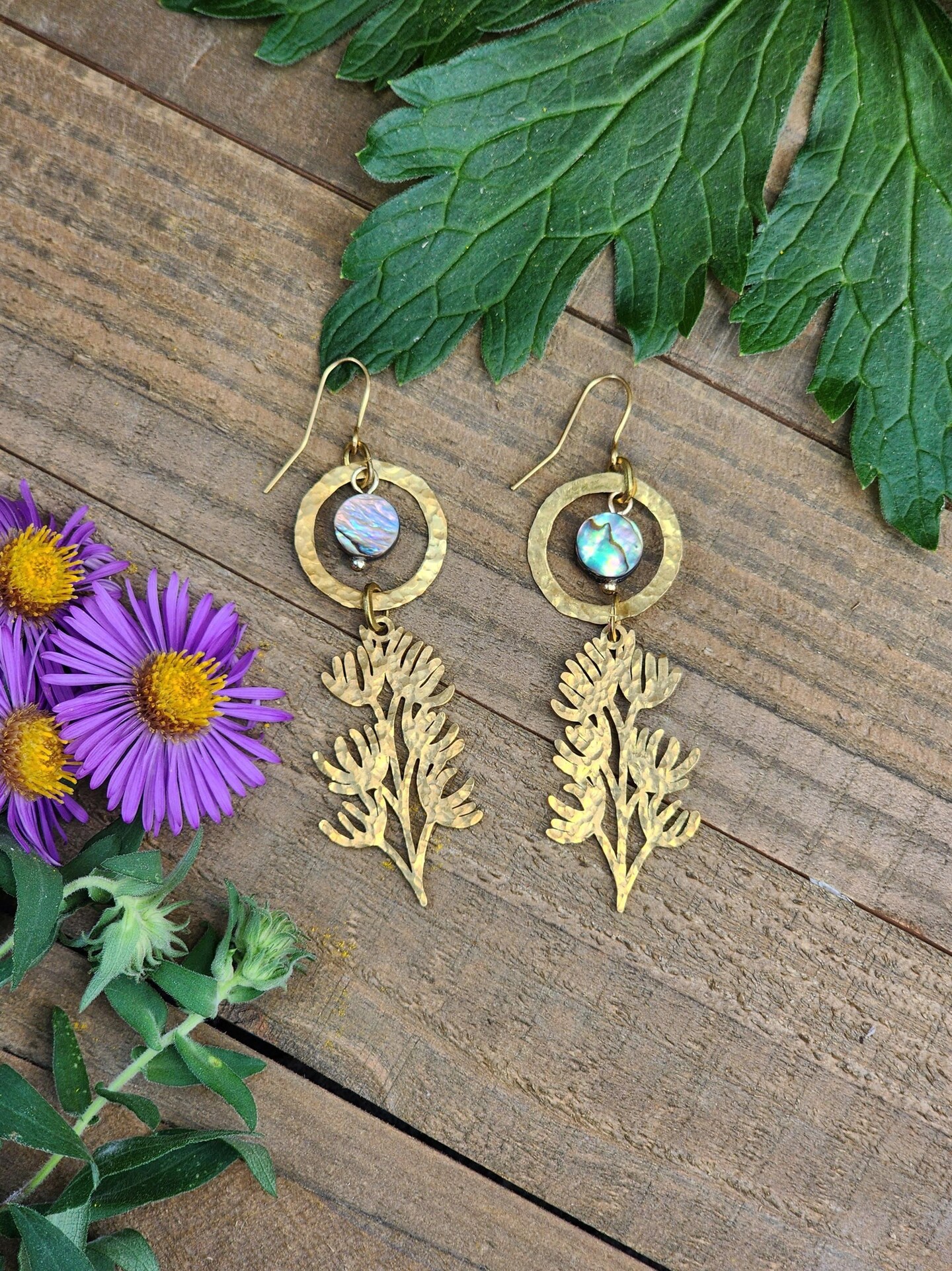 Hammered Brass Botanical Flower Moon Abalone Earring, Boho Dangle Earring,  Mother of Pearl, Handmade Earring, Black Banjo Arts MakerPlace by