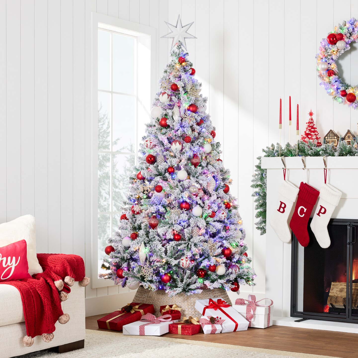 Best Choice Products Pre-Lit Holiday Christmas Pine Tree w/ Flocked Branches, Warm-White &#x26; Multicolored Lights