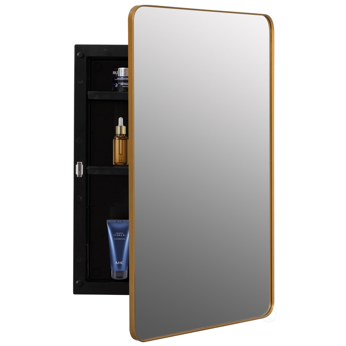 Basicwise Plastic Medicine Cabinet with Beveled Edge Mirror Door and Round Corner Metal Frame, Surface or Recessed Mount Options, Bathroom Wall Mounted Vanity Cabinet with 2 Adjustable Shelves