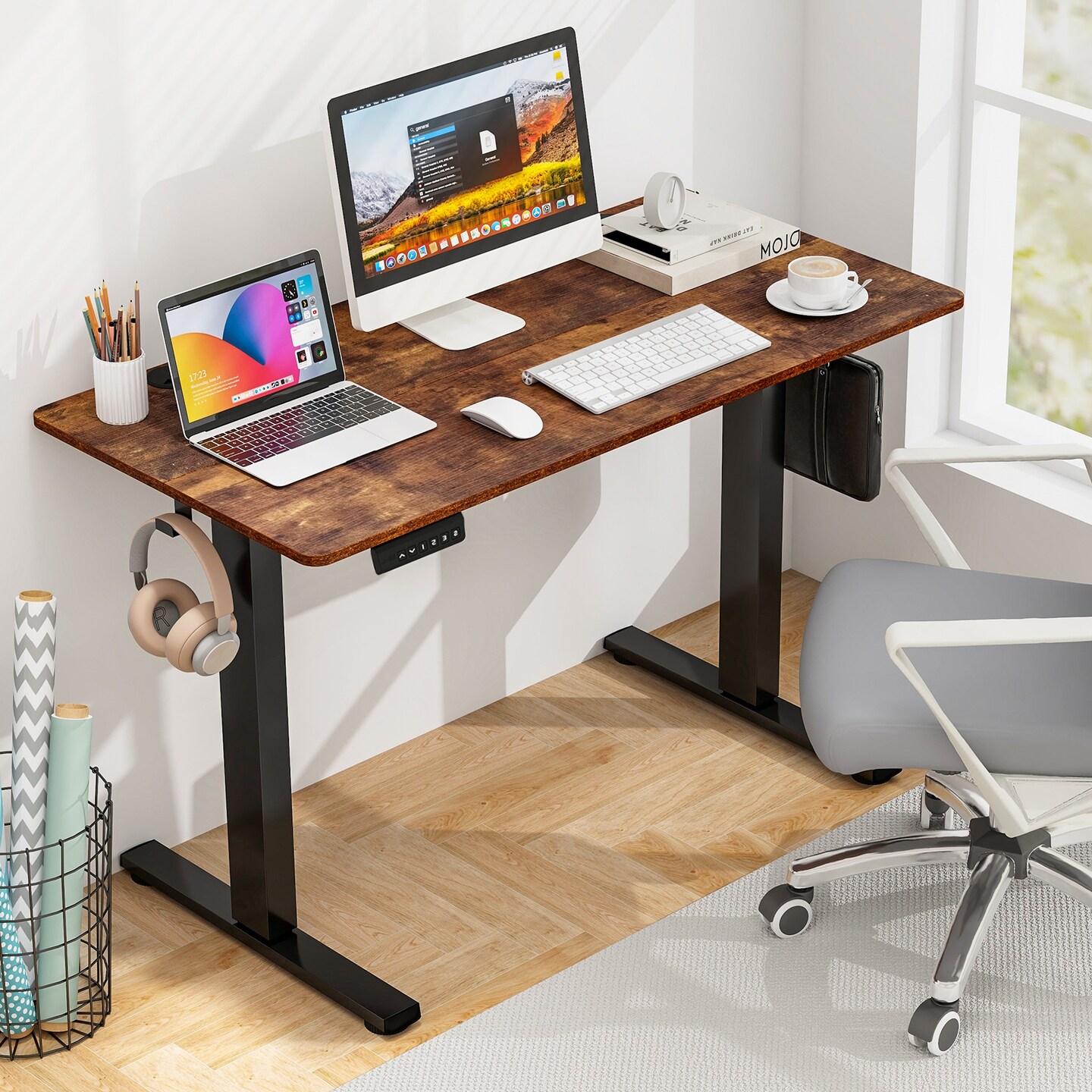 Adjustable Electric Standing Desk with 3 Memory Height Settings, Cable Management, and Hooks