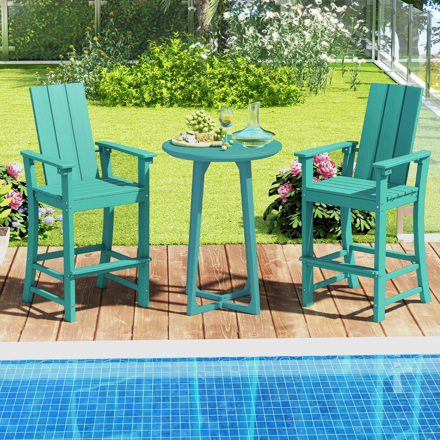 Tall Adirondack Chair Outdoor Bar Stool with Ergonomic Backrest for Backyard - 27.5" x 23" x 52" (L x W x H)