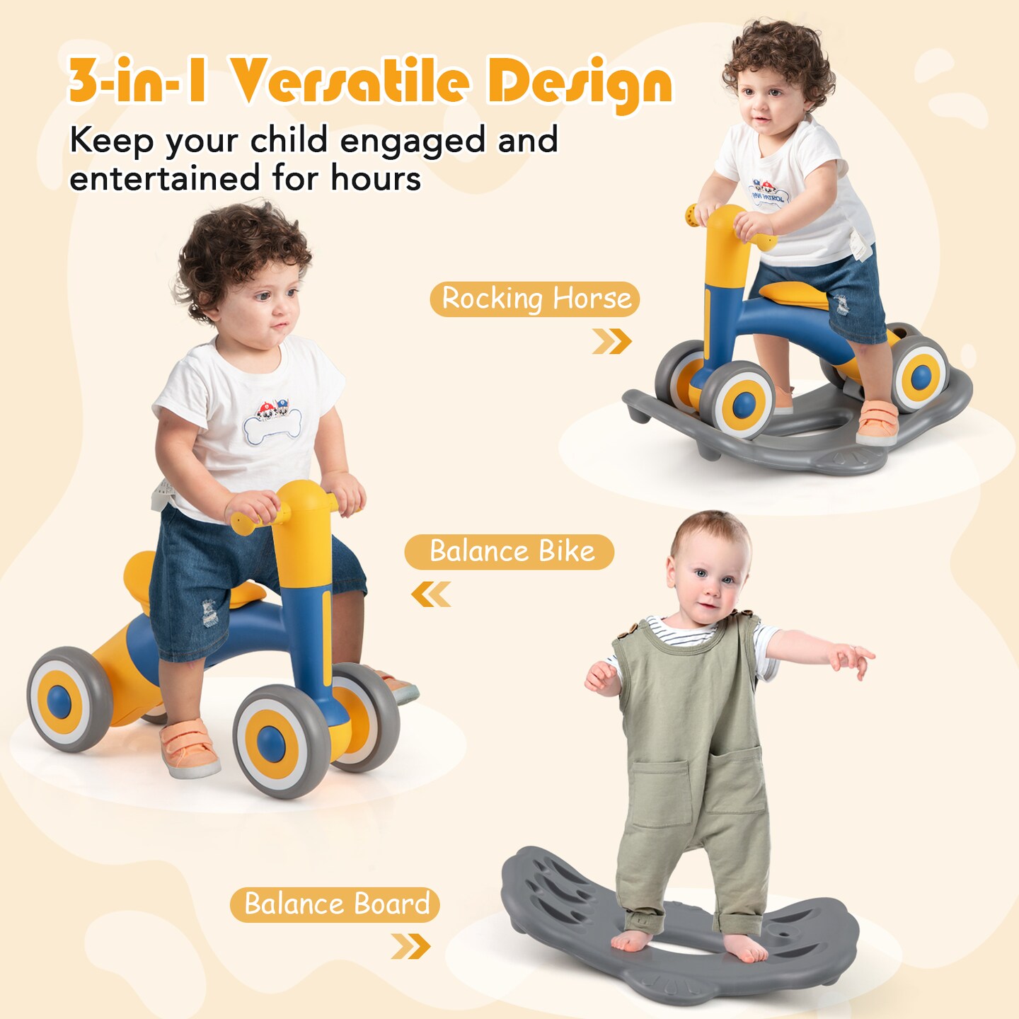 3-in-1 Kids Rocking Horse with Balance Board and Removable Seat - 16 L x 24 W x 18.5 H