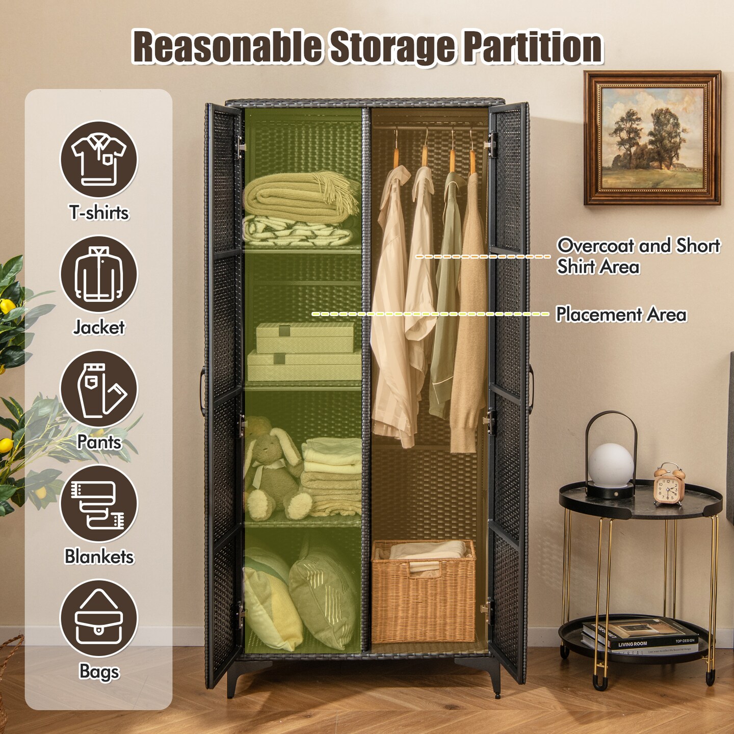 62 Inch Wicker Wardrobe with 2 Doors PE Rattan Closet with Hanging Rod - 28.5" x 19.5" x 62" (L x W x H)