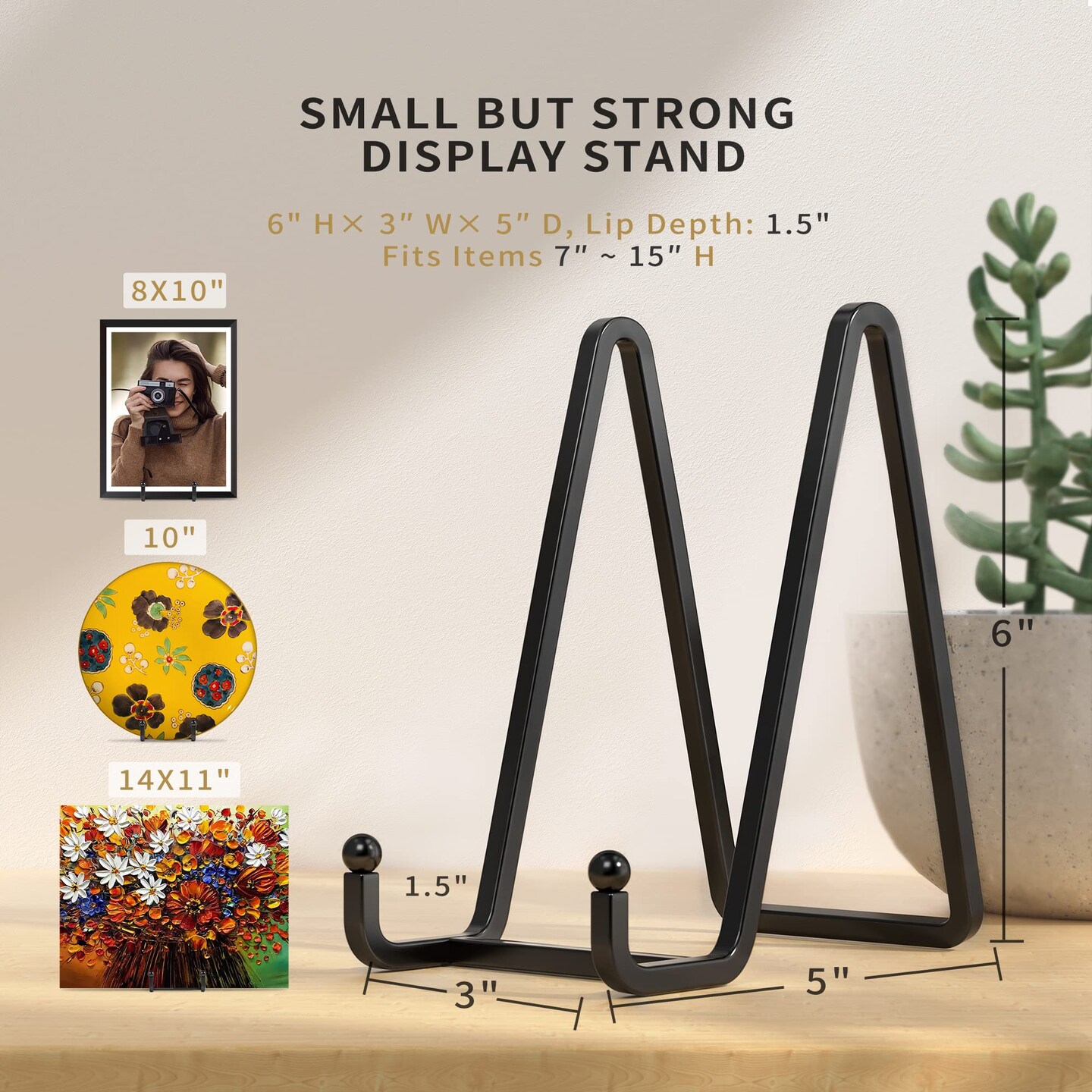 3 Pack 6 Inch Plate Stands for Display - Metal Square Wire Plate Holder Display Stand + Picture Frame Stand Holder Easel for Decorative Plate, Book, Plaque, Photo, Platter (Black 3pcs)