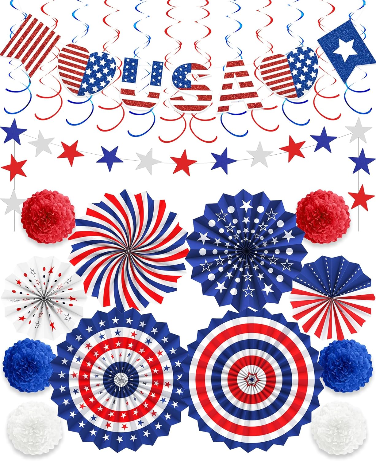 26-Piece 4th of July Outdoor Decorations Set – Patriotic “LOVE USA” Banner, Red, White & Blue Paper Fans, Hanging Swirls, and Pompoms for Independence Day, Veterans, and Memorial Celebrations