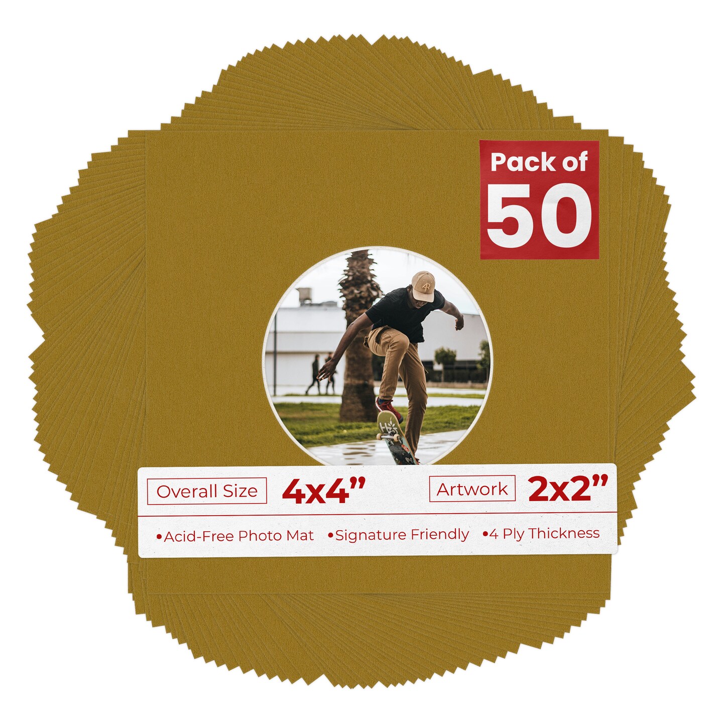 Metallic Gold Mat Board for 4x4 Inch Frames - Circle Opening for 2x2 Photos