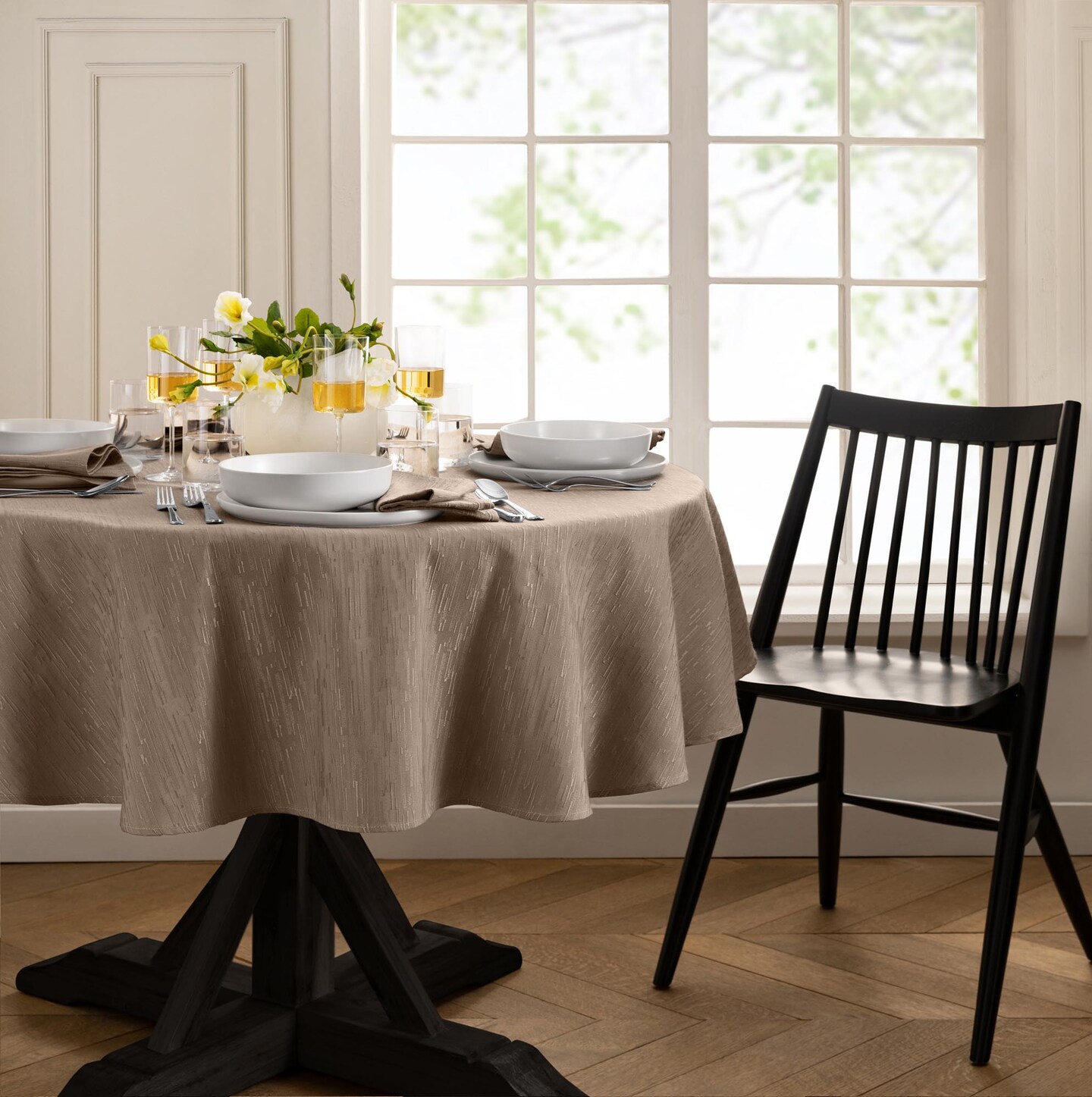 Threadmade Home Continental Solid Texture Water Resistant Tablecloth, Taupe - 70"W x 70"L Round