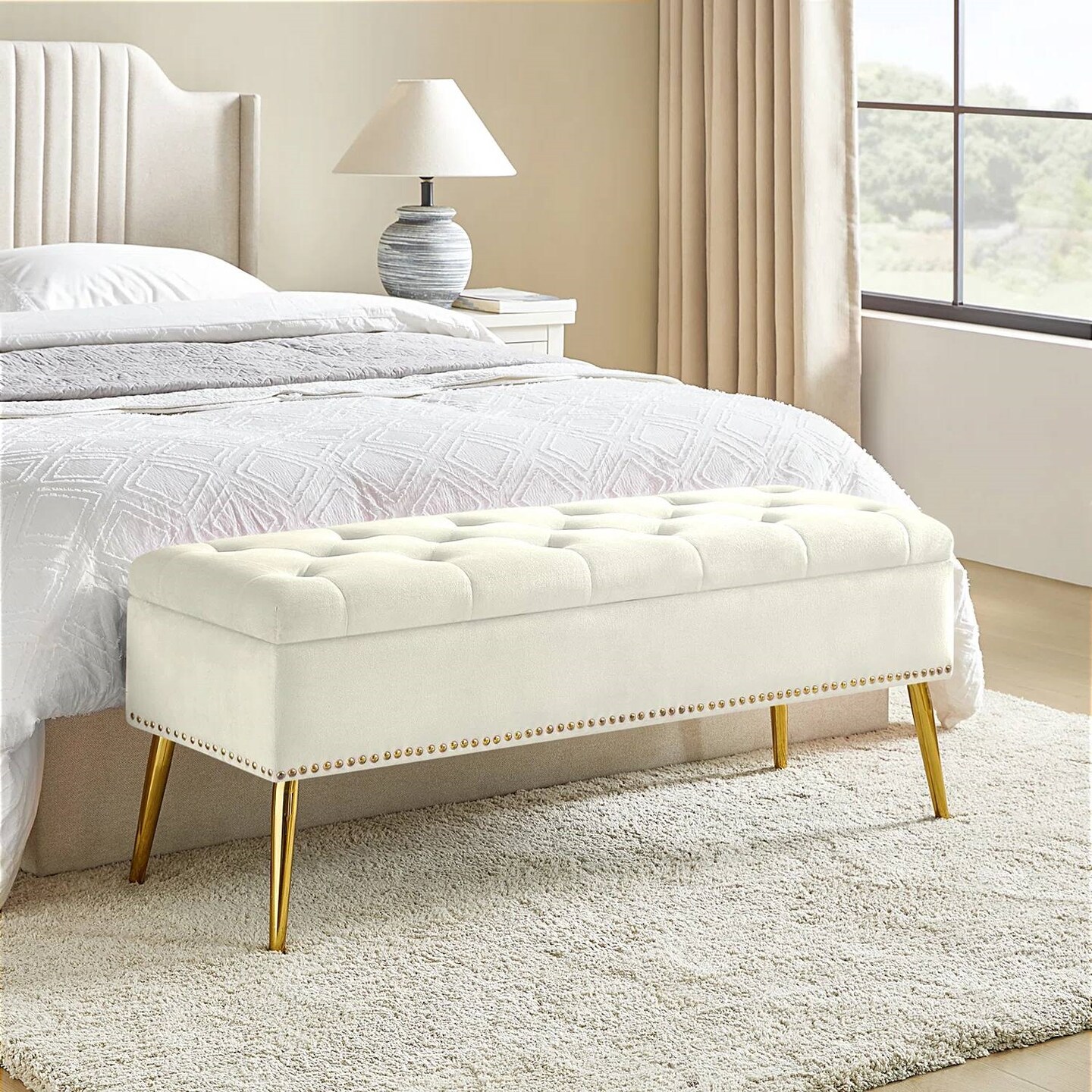 Upholstered Velvet Storage Bench with Tufted Seat and Gold Metal Legs