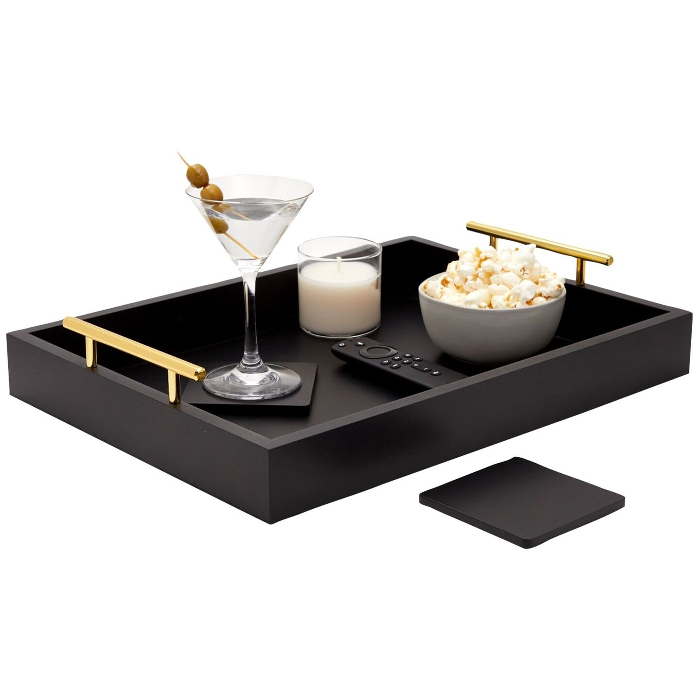 Black Serving Tray for Coffee Table, 16x12&#x22; with Coasters, Decorative Interchangeable Gold andSilver Handles