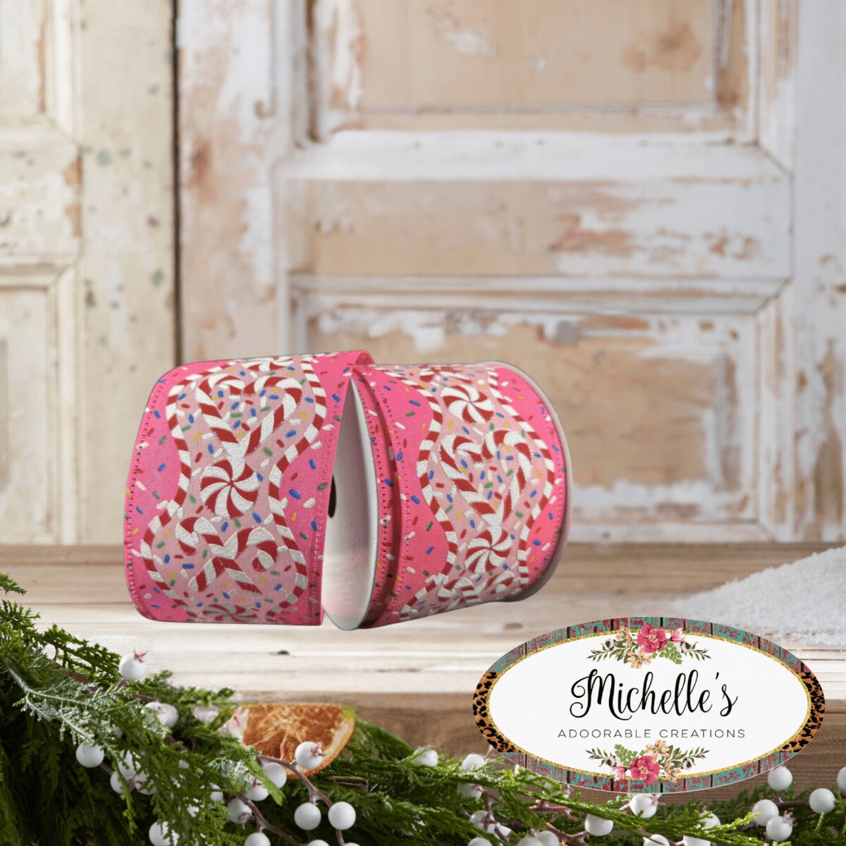 2.5&#x22; Candy Cane Sprinkle Ribbon: Pink (10 Yards)