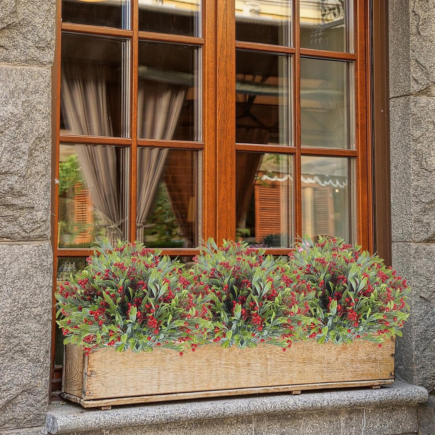 10 Bundles Artificial Flowers Outdoor UV Resistant Fake Flowers No Fade Indoor Faux Hanging Plants Window Box Garden Front Porch Decorating (Deep Red)